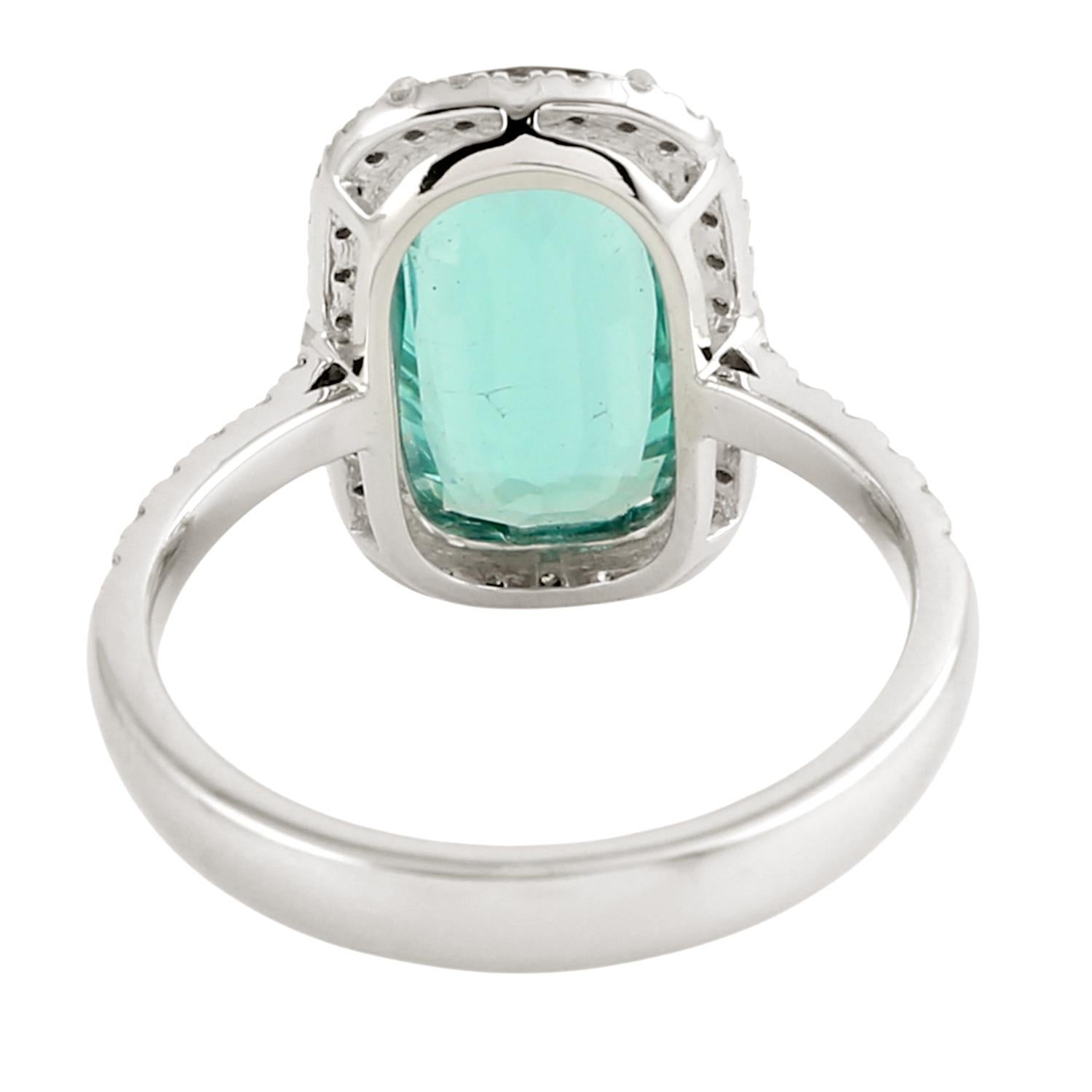 Mixed Cut Cushion Shaped Vivid Tourmaline Ring Accented With Diamonds In 14k White Gold For Sale