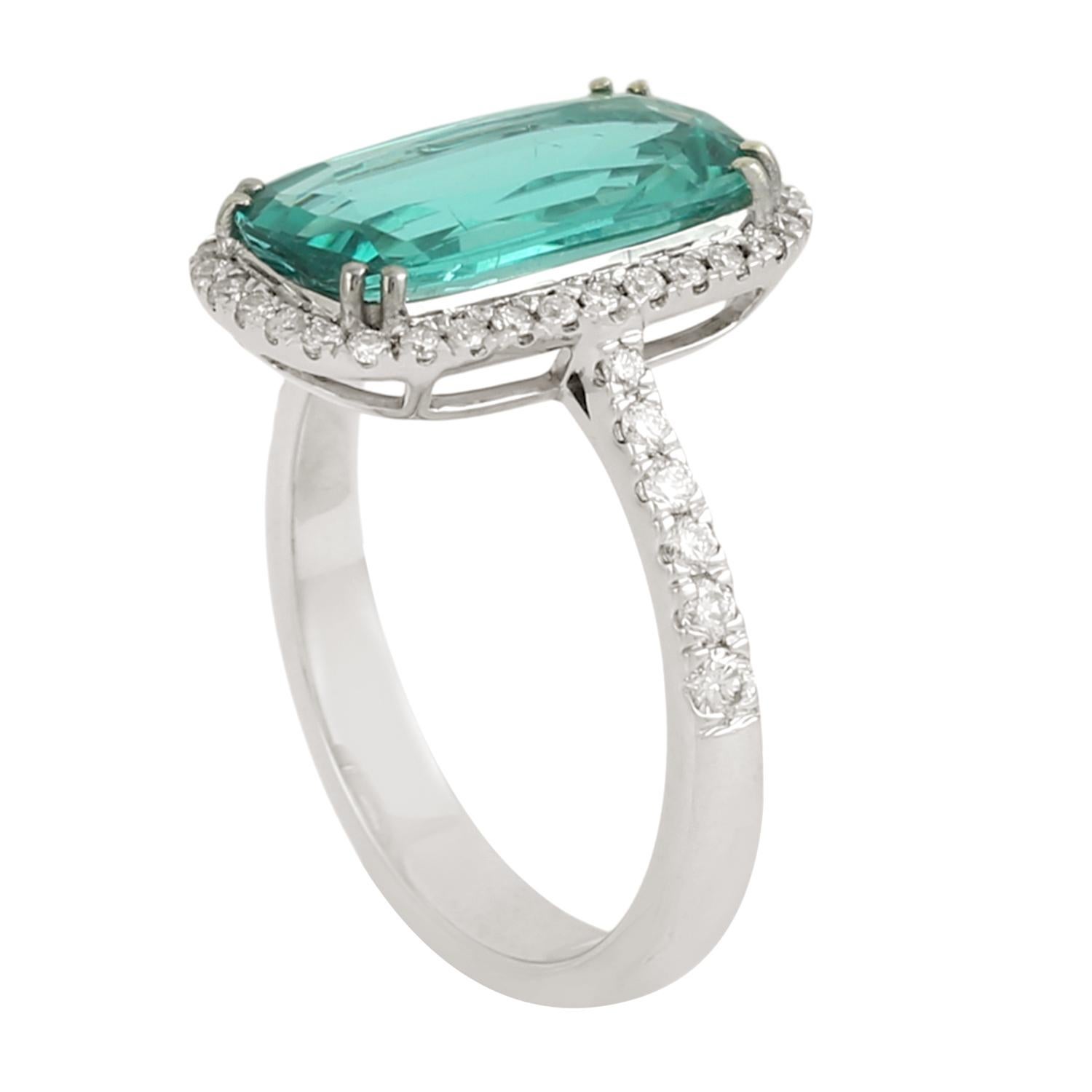 Cushion Shaped Vivid Tourmaline Ring Accented With Diamonds In 14k White Gold In New Condition For Sale In New York, NY