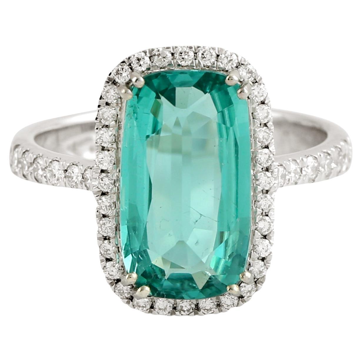 Cushion Shaped Vivid Tourmaline Ring Accented With Diamonds In 14k White Gold