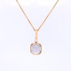 Cushion Shaped White Moon Guilloche Stone Pendant 18k Rose Gold 1 Diam. 0.04 ct