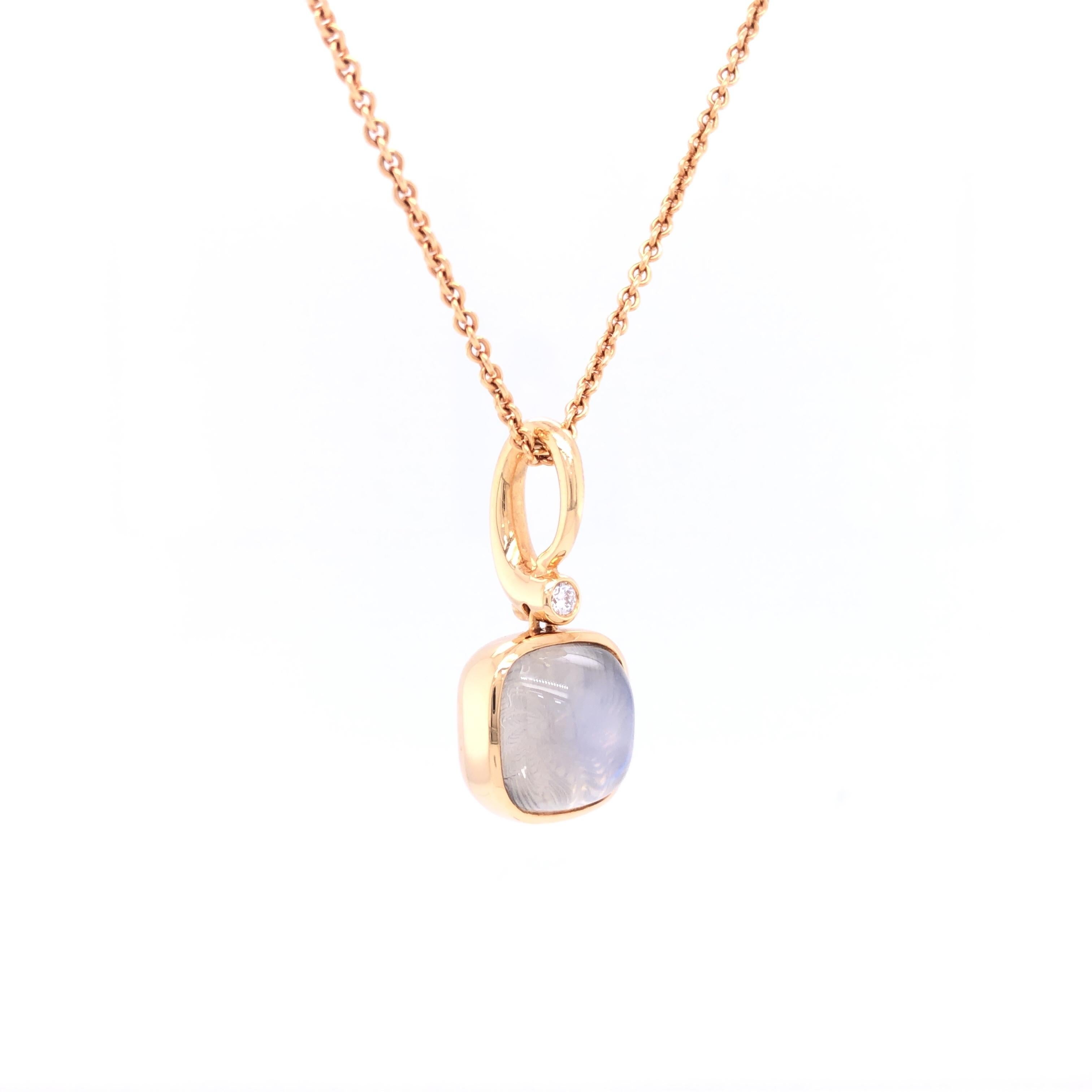 Contemporary Cushion Shaped White Moon Guilloche Stone Pendant 18k Rose Gold 1 Diam. 0.04 ct For Sale