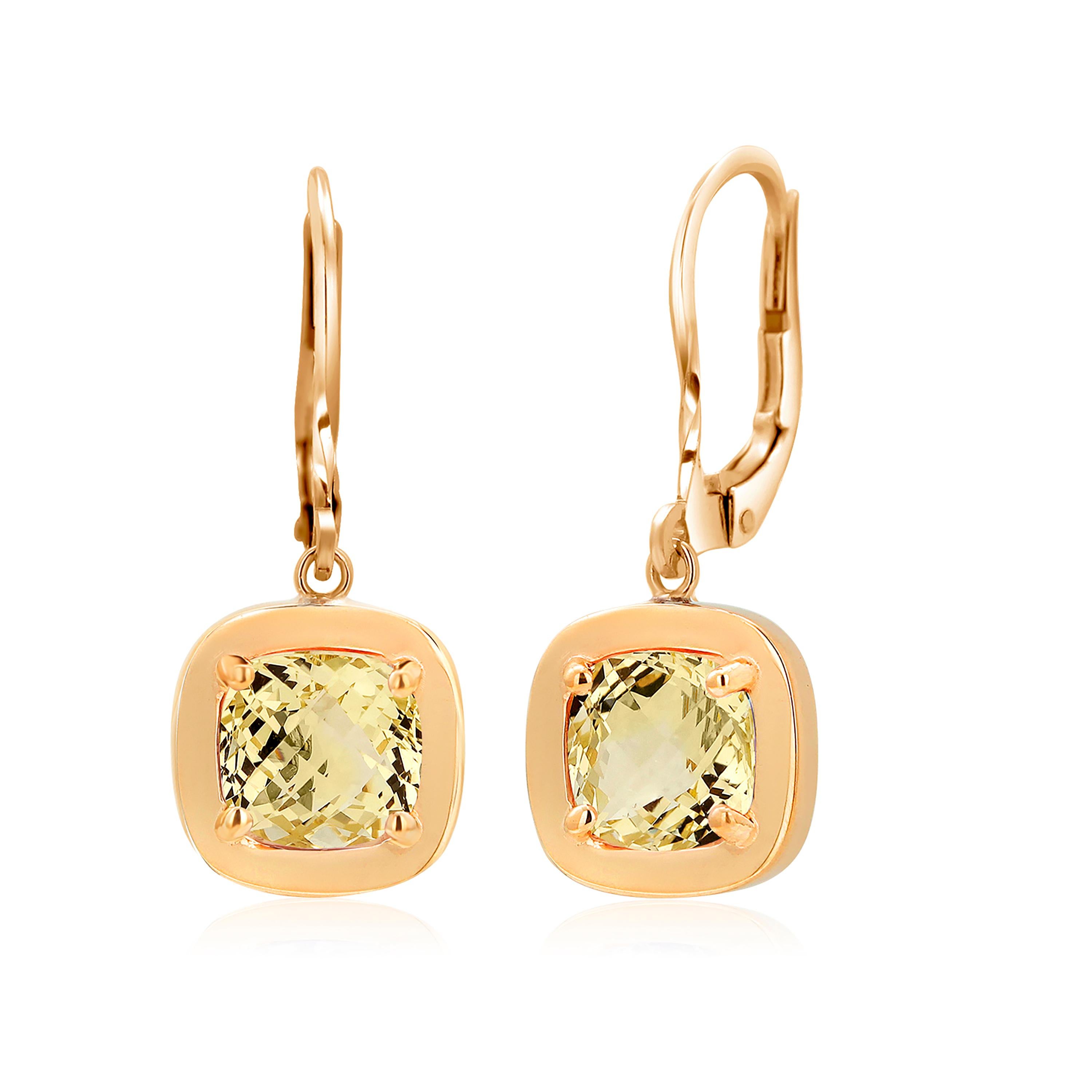 Cushion Shaped Yellow Beryl Bezel Set Yellow Gold Lever Back Earrings In New Condition In New York, NY