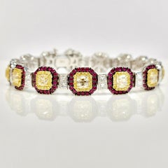 Cushion Shaped Yellow Diamond and Red Ruby Line Bracelet