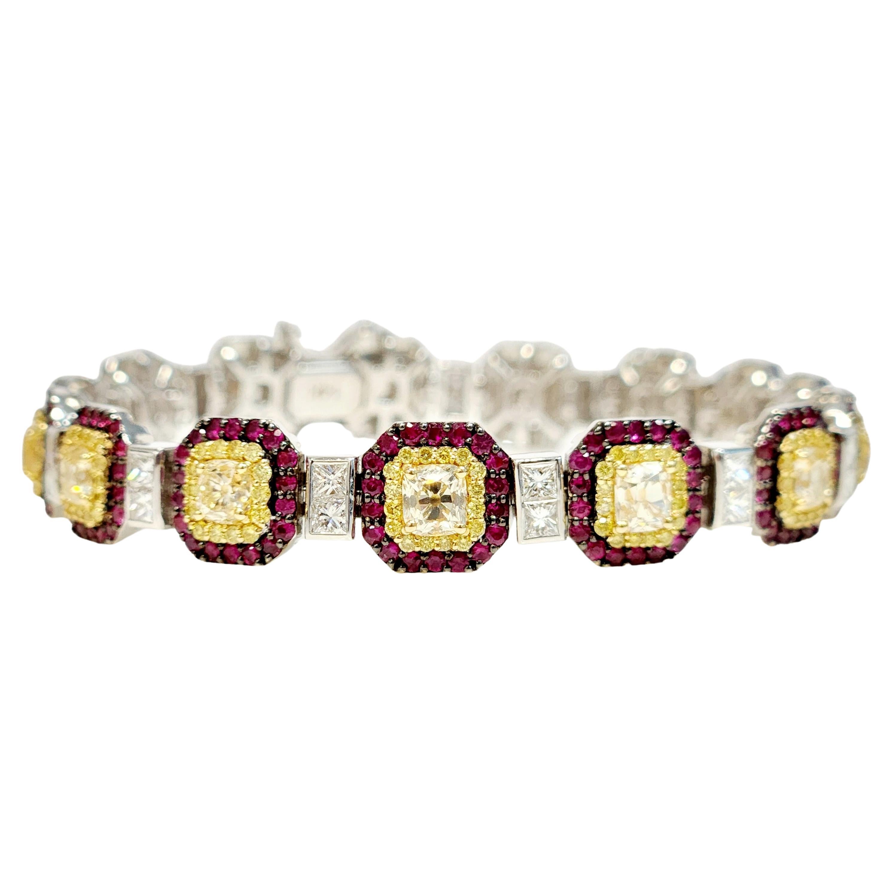 Cushion Shaped Yellow Diamond and Red Ruby Line Bracelet For Sale