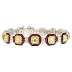 Cushion Shaped Yellow Diamond and Red Ruby Line Bracelet