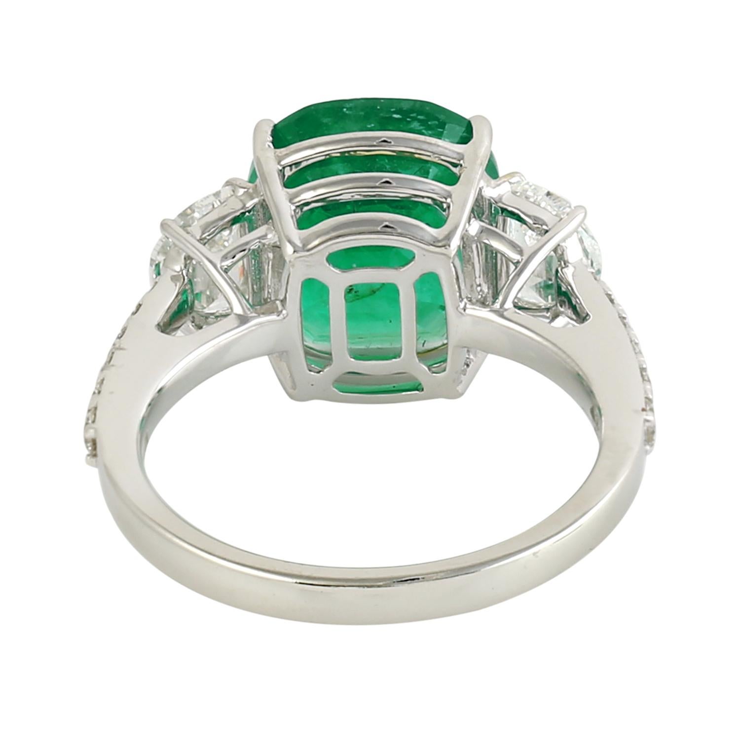 Art Deco Cushion Shaped Zambian Emerald Cocktail Ring With Diamonds For Sale