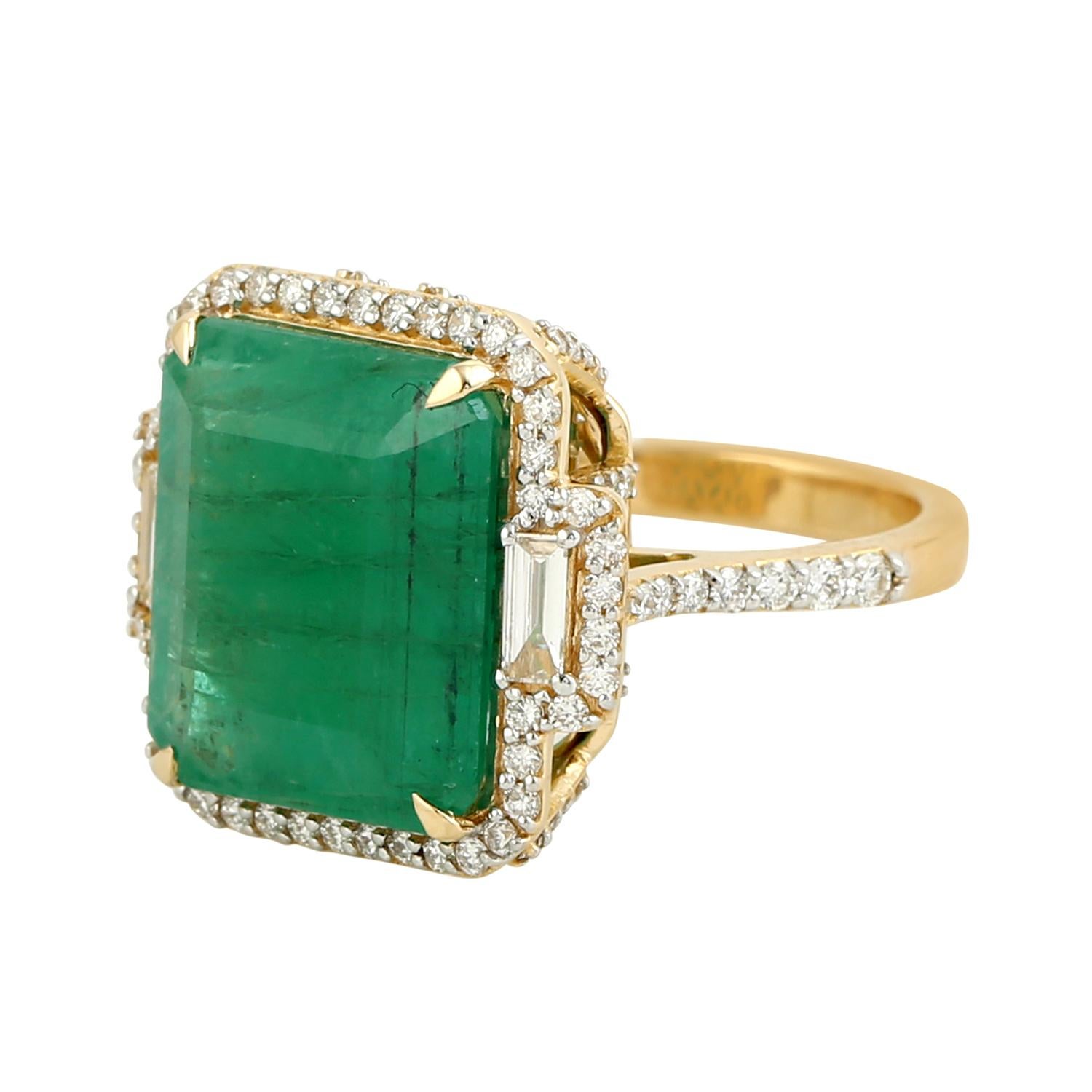 Mixed Cut Cushion Shaped Zambian Emerald Cocktail Ring With Diamonds For Sale