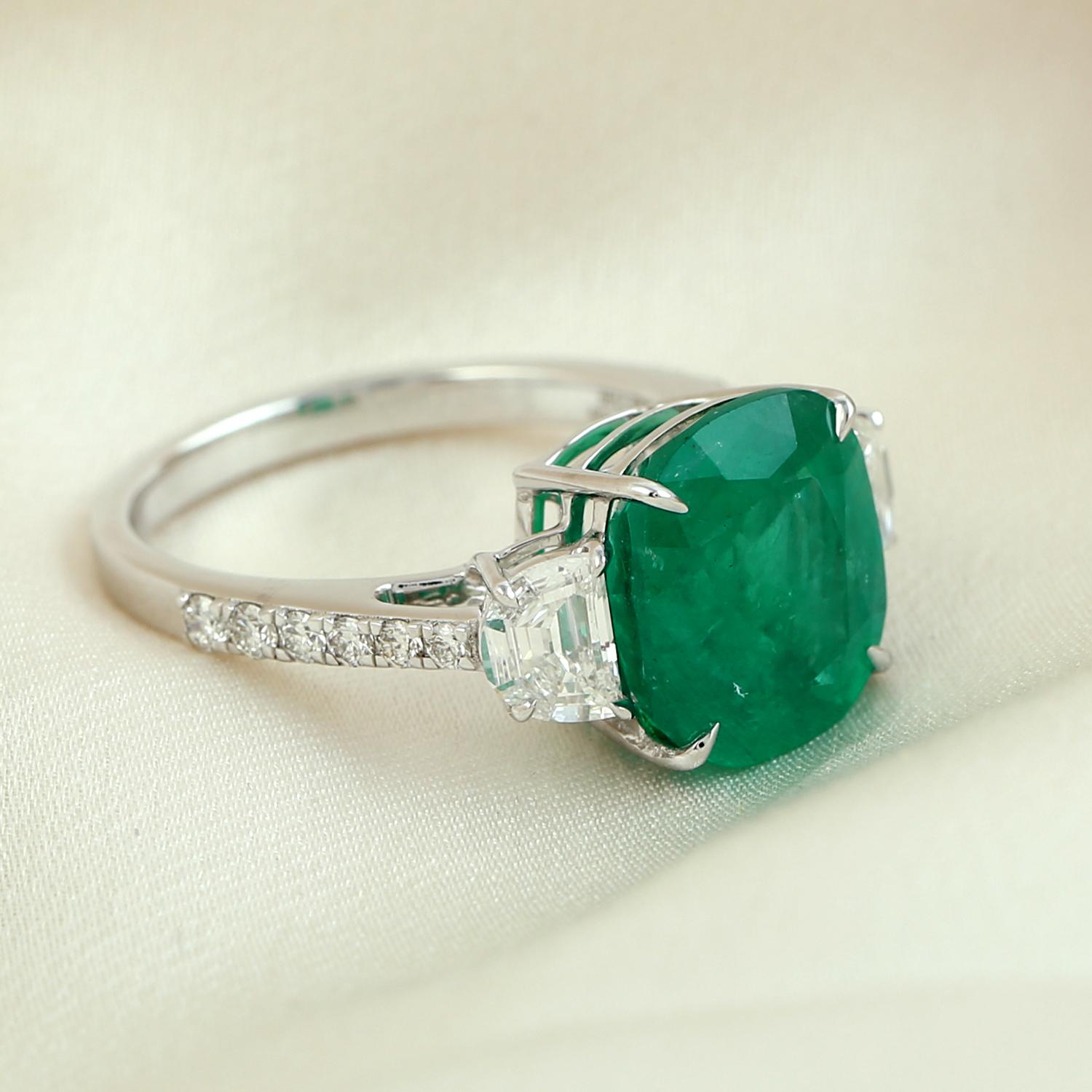 Mixed Cut Cushion Shaped Zambian Emerald Cocktail Ring With Diamonds For Sale