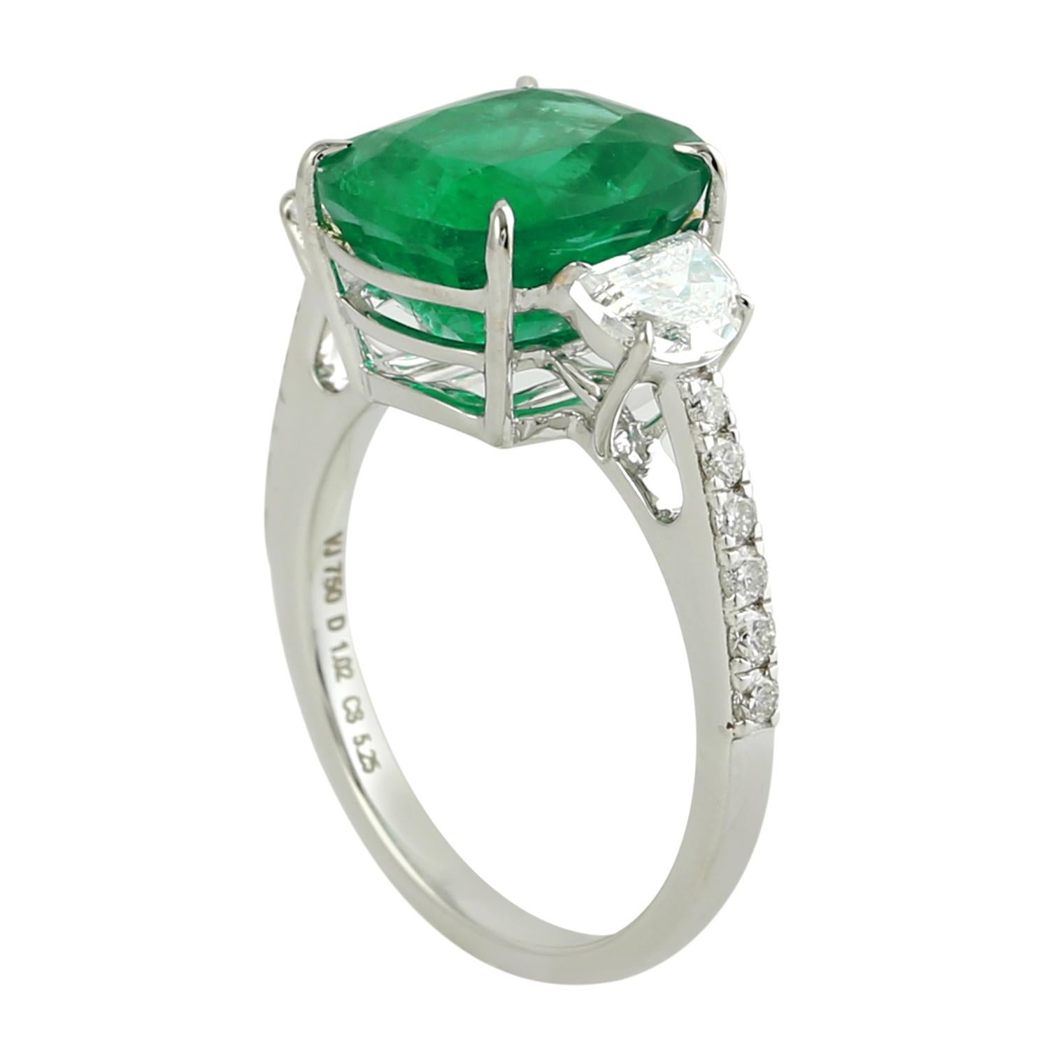 Cushion Shaped Zambian Emerald Cocktail Ring With Diamonds In New Condition For Sale In New York, NY