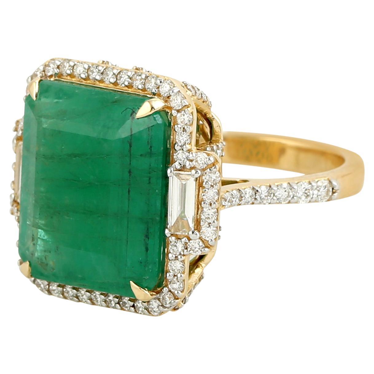 Cushion Shaped Zambian Emerald Cocktail Ring With Diamonds For Sale