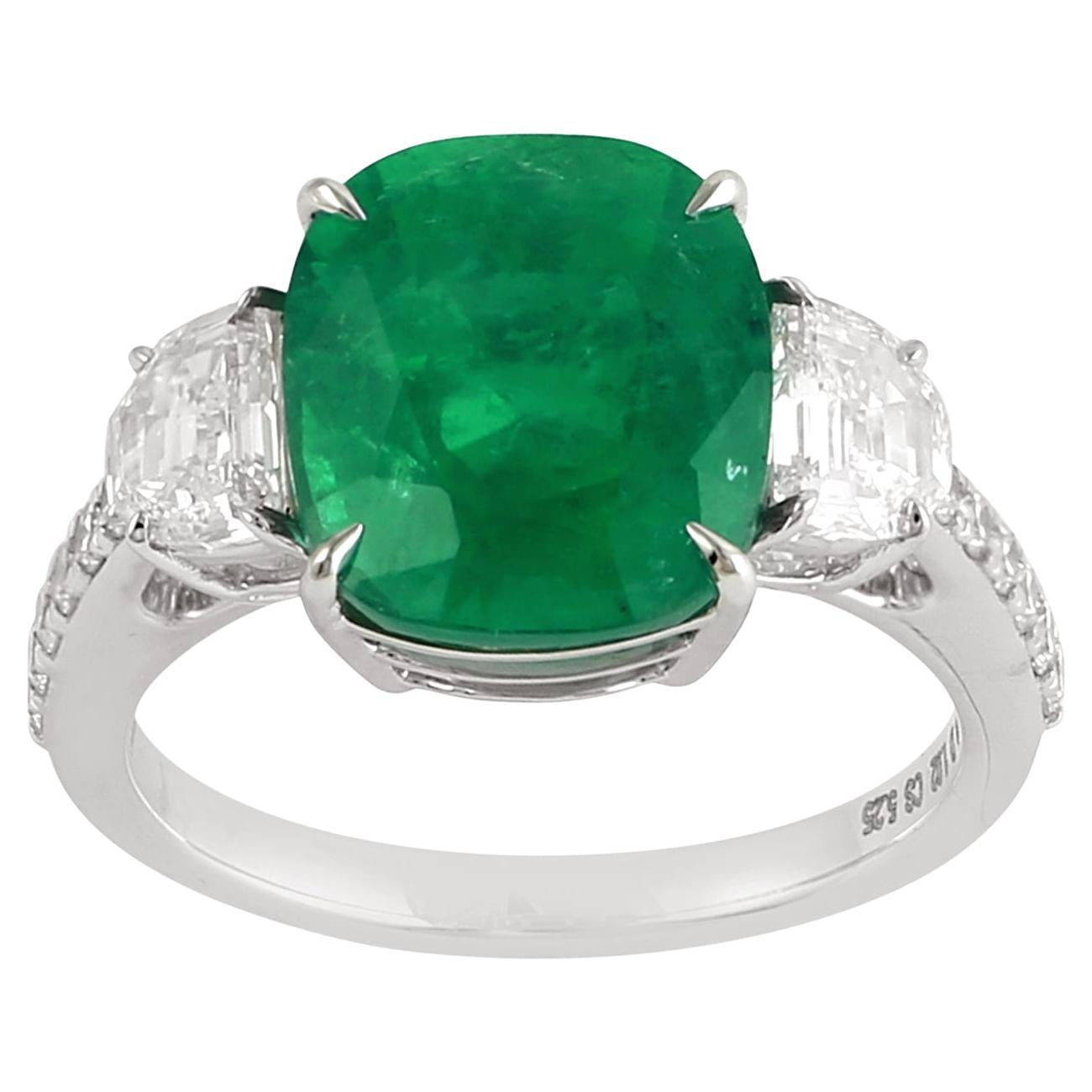 Cushion Shaped Zambian Emerald Cocktail Ring With Diamonds For Sale