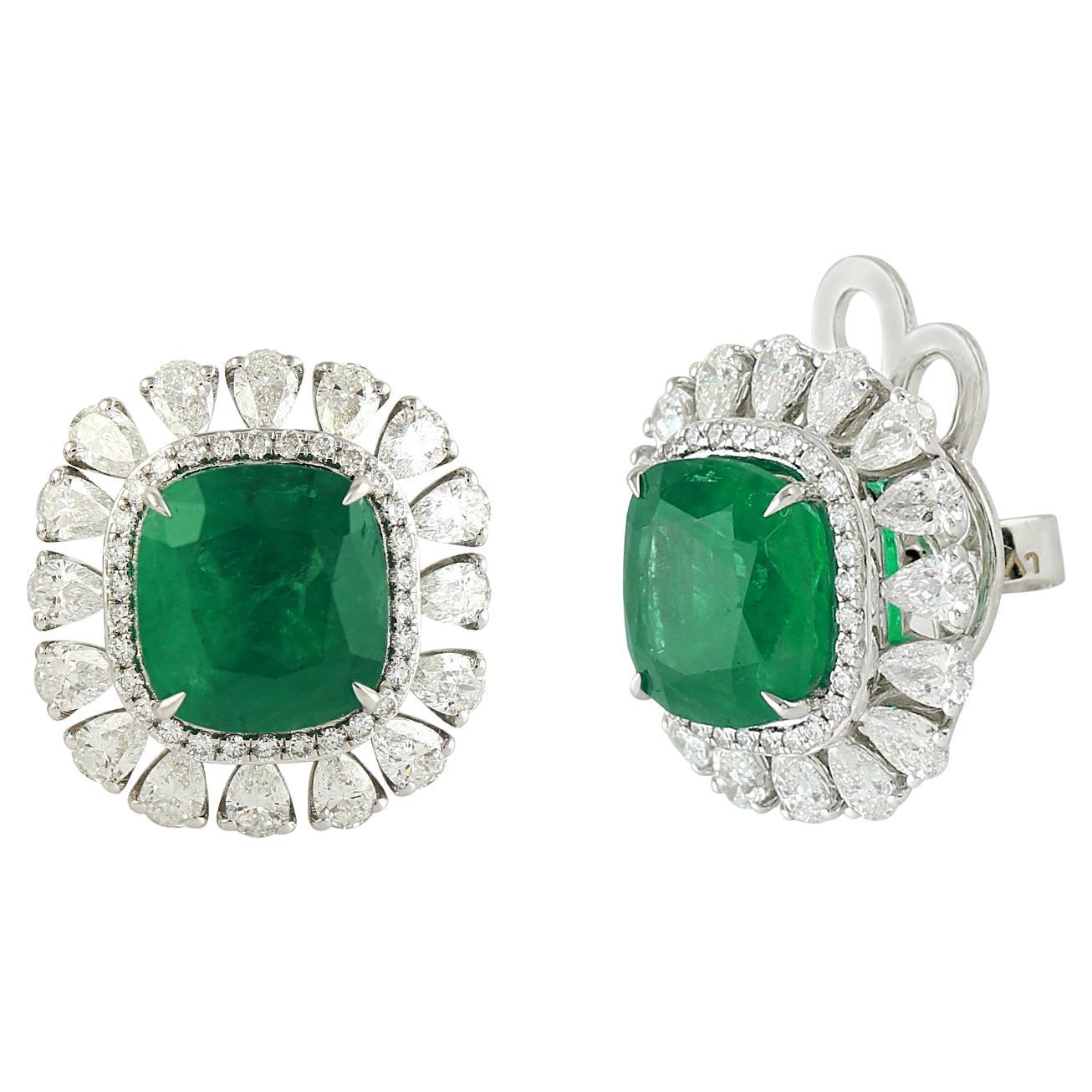 Cushion Shaped Zambian Emerald Earrings Studded With Diamonds Made In 18k Gold