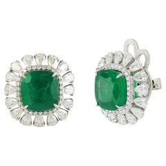 Cushion Shaped Zambian Emerald Earrings Studded With Diamonds Made In 18k Gold