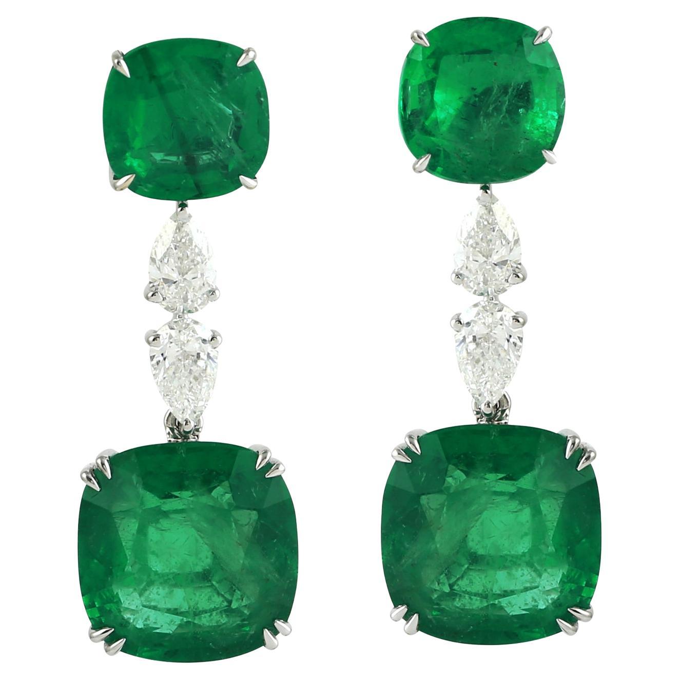 Cushion Shaped Zambian Emerald Earrings With Diamonds Made In 18k White Gold