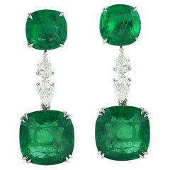 Cushion Shaped Zambian Emerald Earrings With Diamonds Made In 18k White Gold