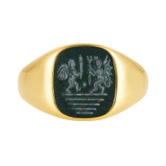 Cushion Signet Ring, 18K Yellow G., Heliotrope 13.3 x 11.5 mm, Engraving