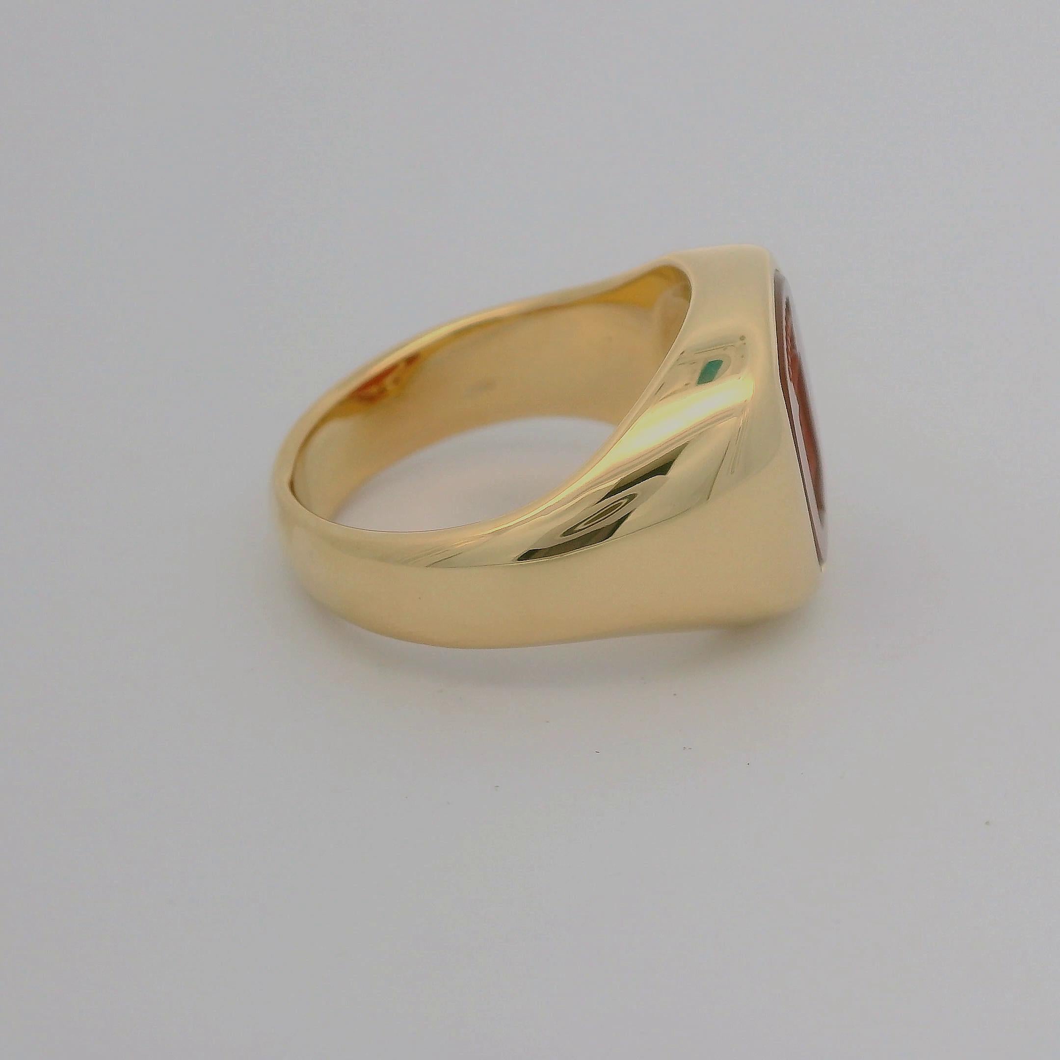 Antique Cushion Cut Cushion Signet Ring, 18K Yellow Gold , Carnelian 9.8 x 8.5 mm with Engraving For Sale