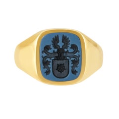 Anello con cuscino, oro giallo 8k, onice Niccolò 12,0 x 10,5 mm con incisione