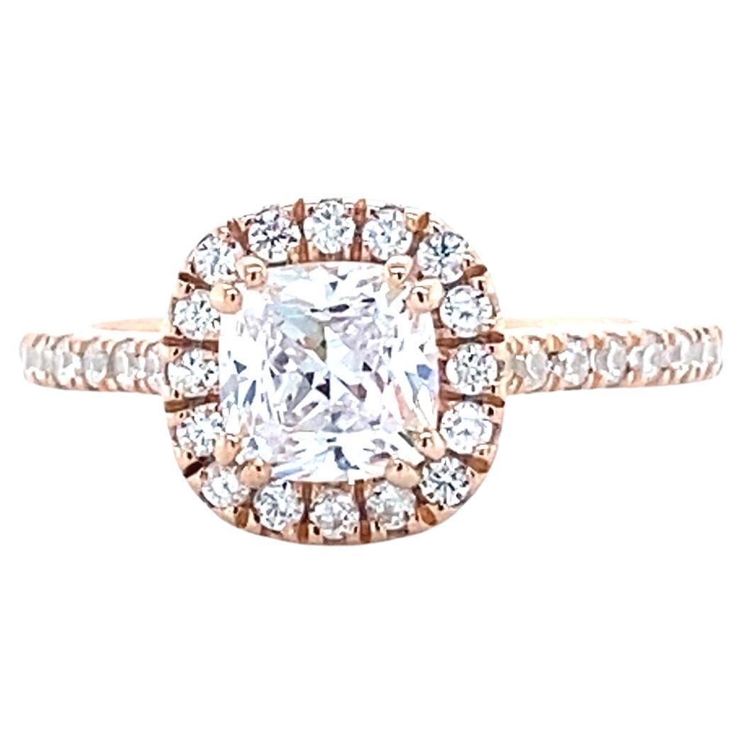 Cushion Solitaire Halo Natural Diamond Ring in 14K Solid Gold (Certified) For Sale