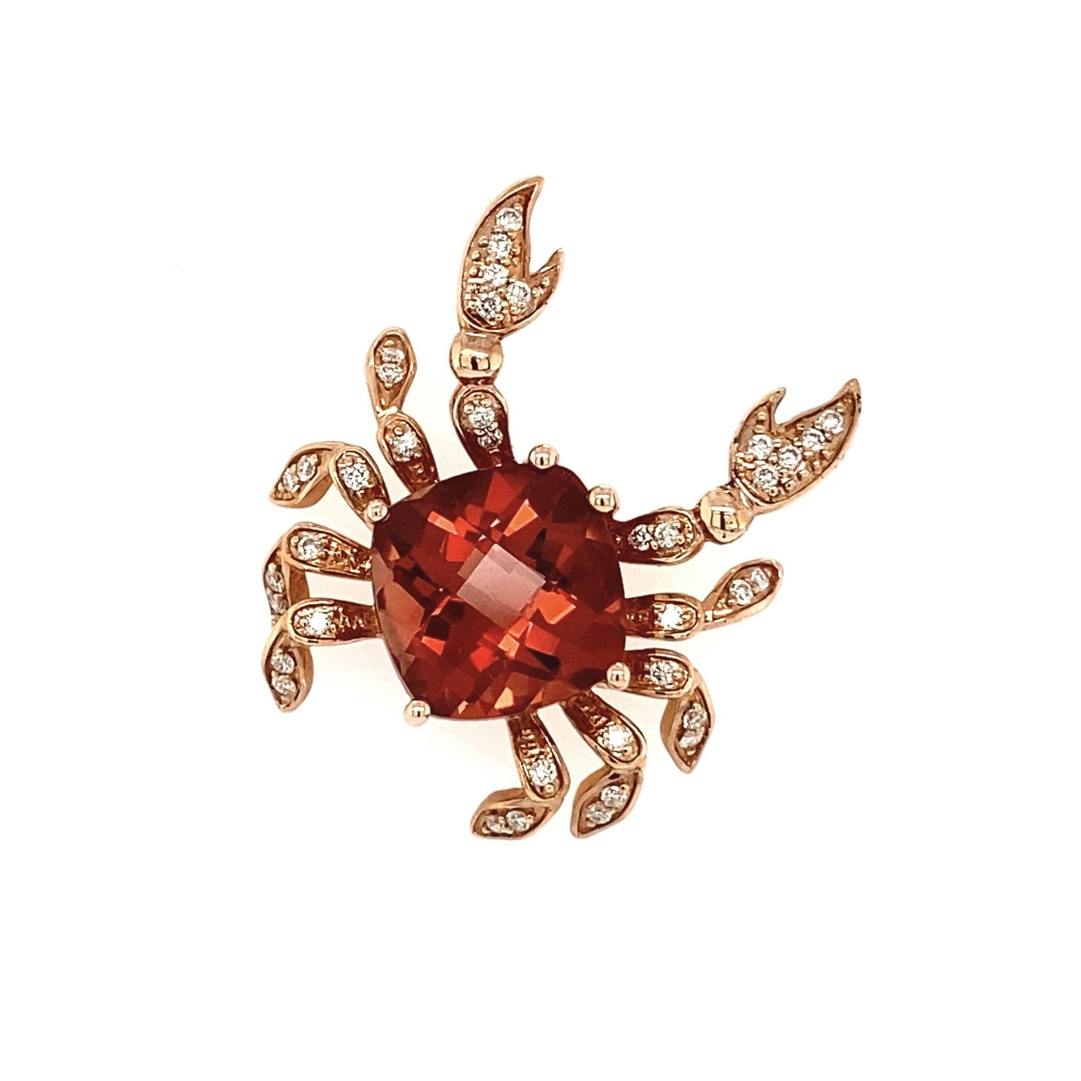 
Delightful Finely Detailed Sunstone Gem and Diamond Crab Pendant. Hand set with a 3.25 Carat Cushion Sandstone and accented by Diamonds, approx. 0.20tcw. Hand crafted in 14 Karat Rose Gold. Measuring approx. 1.10” l x 0.85” w. This pendant