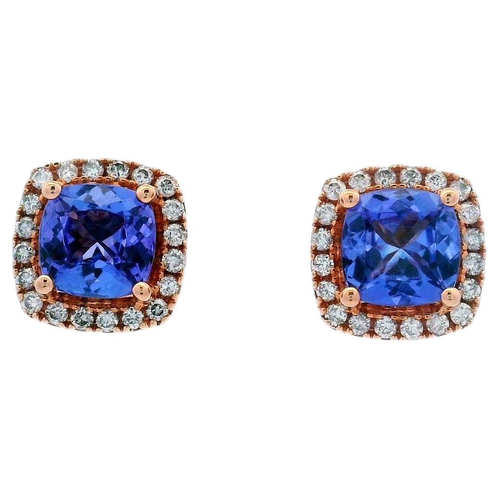 Cushion Tanzanite and Diamond Halo Drop Earrings in 14K Rose Gold