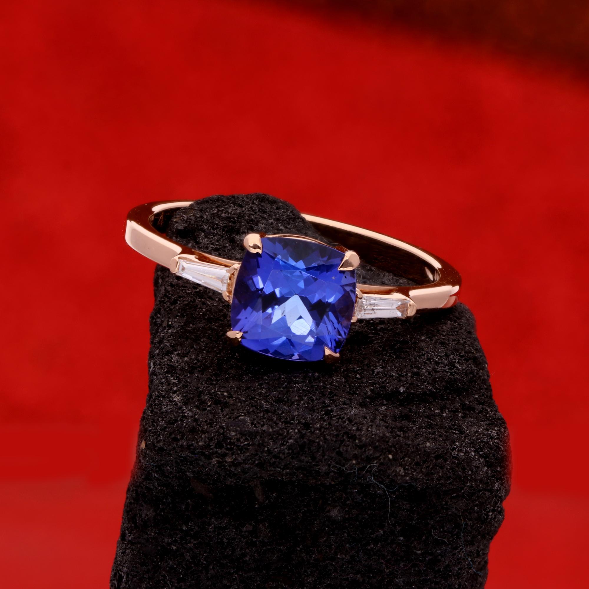 Women's Cushion Tanzanite Gemstone Fine Ring Tapered Baguette Diamond 18 Karat Rose Gold For Sale