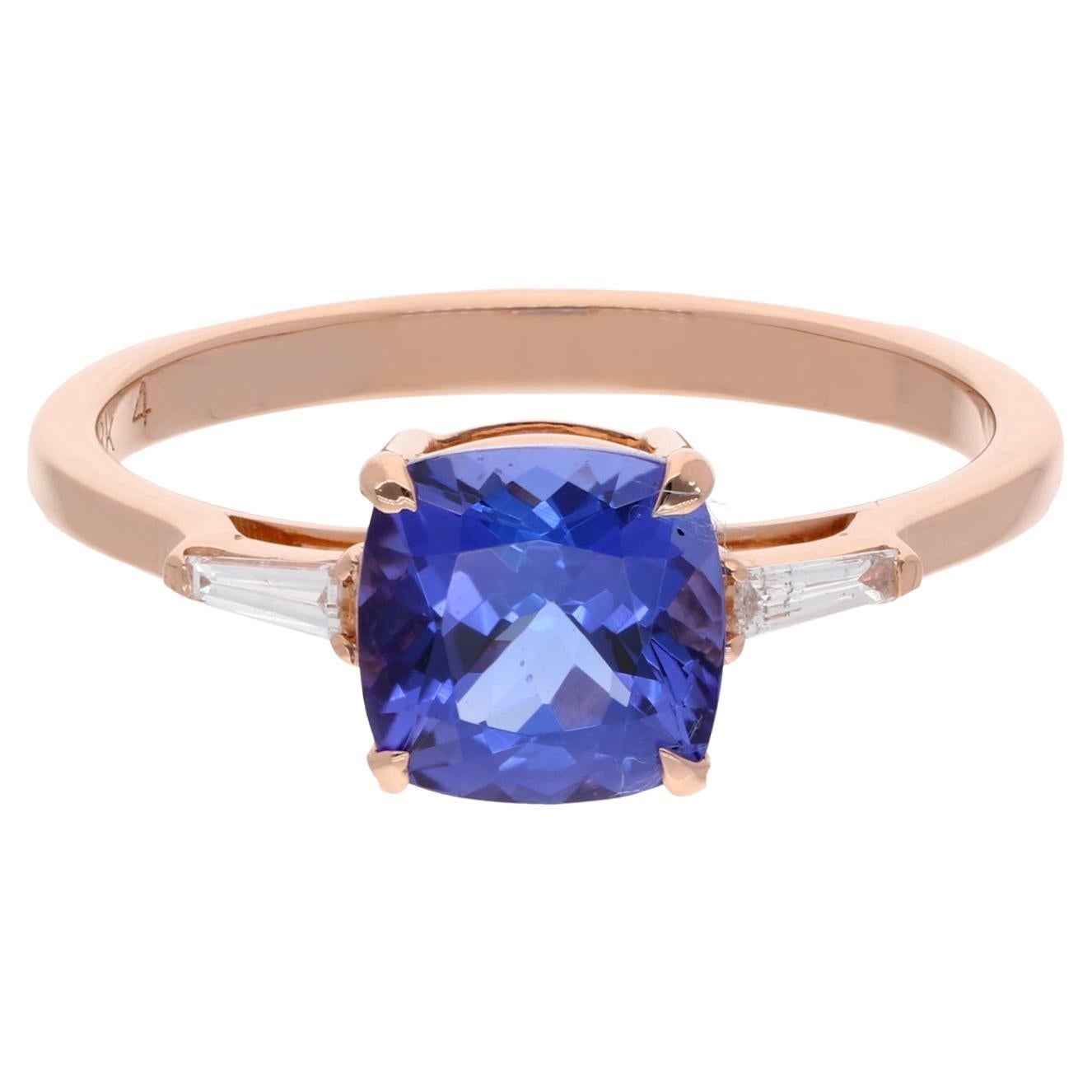 Cushion Tanzanite Gemstone Fine Ring Tapered Baguette Diamond 18 Karat ...