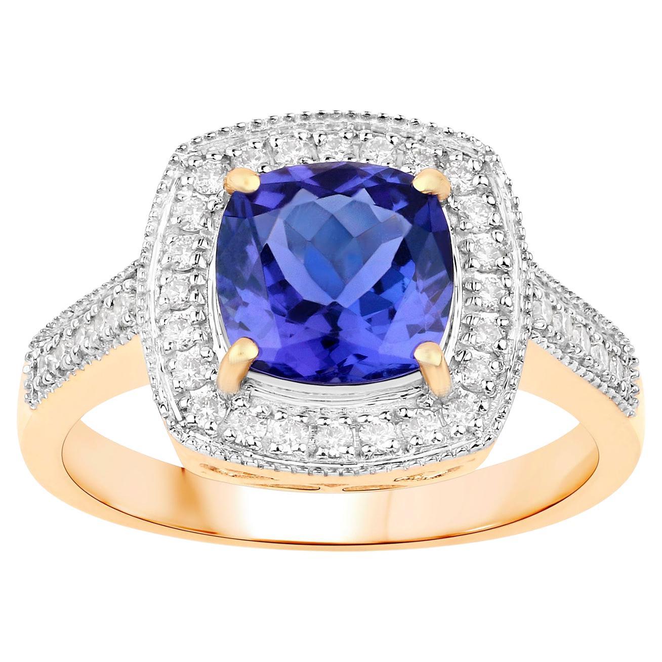 Bague en or jaune 14 carats avec tanzanite taille coussin et diamants 2 carats