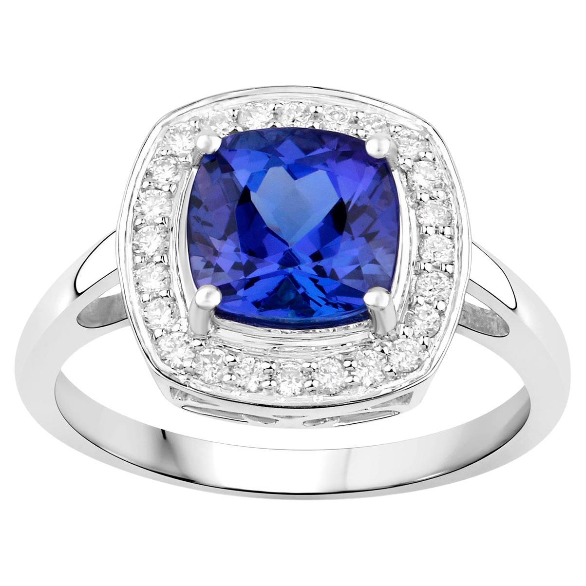 Cushion Tanzanite Ring With Diamonds 2.26 Carats 14K White Gold For Sale