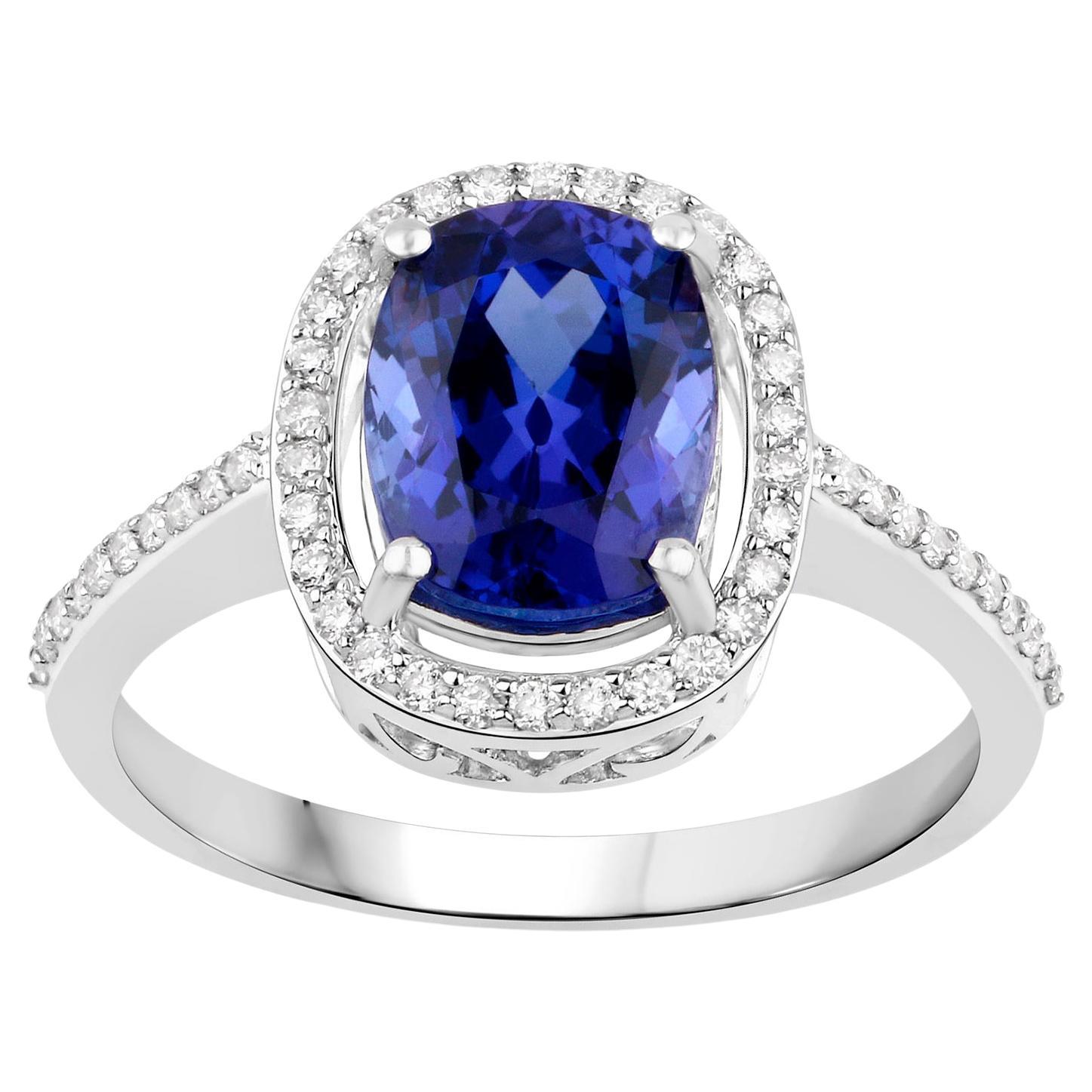 Cushion Tanzanite Ring With Diamonds 2.65 Carats 14K White Gold For Sale