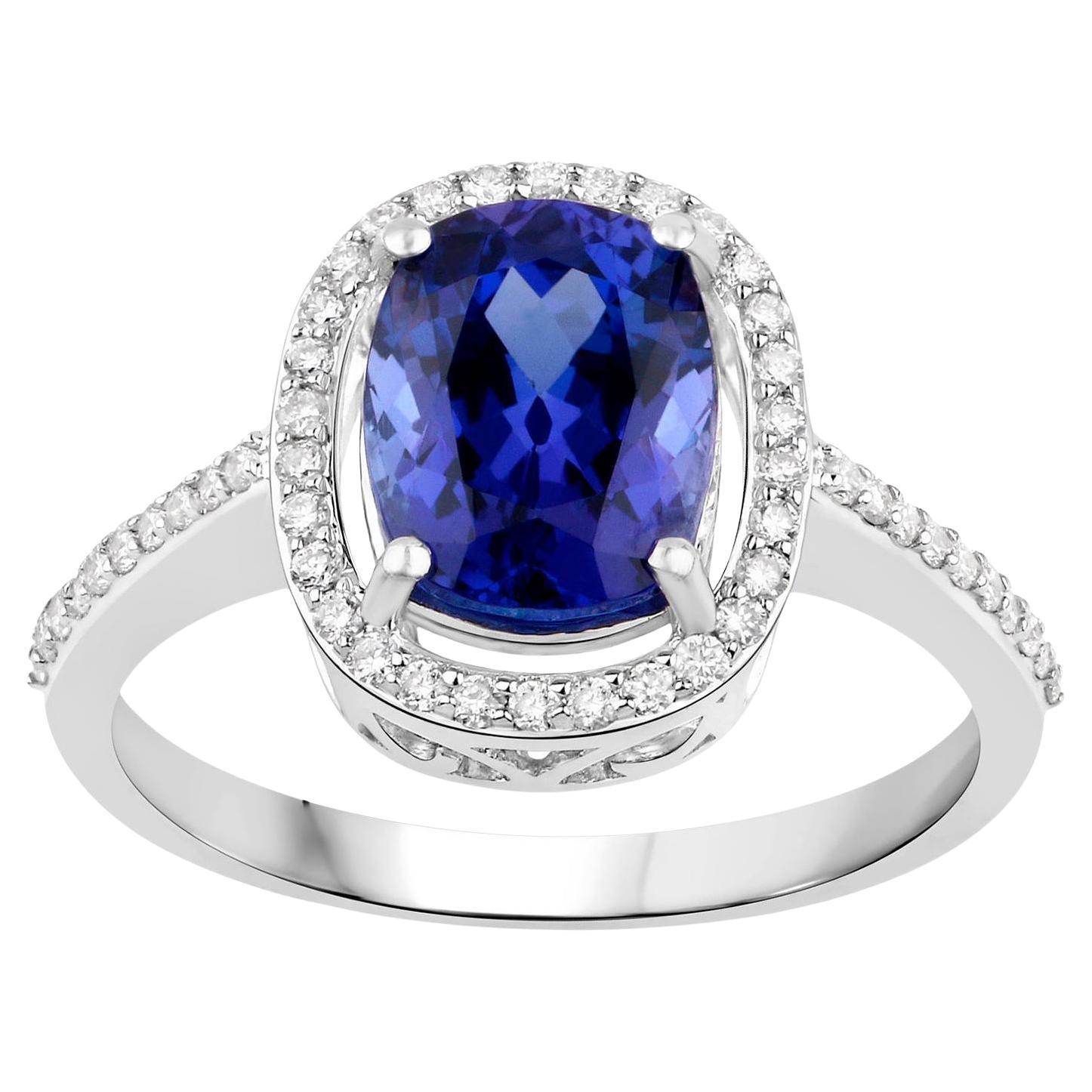 Bague en or blanc 14 carats avec tanzanite coussin et diamants de 2,65 carats