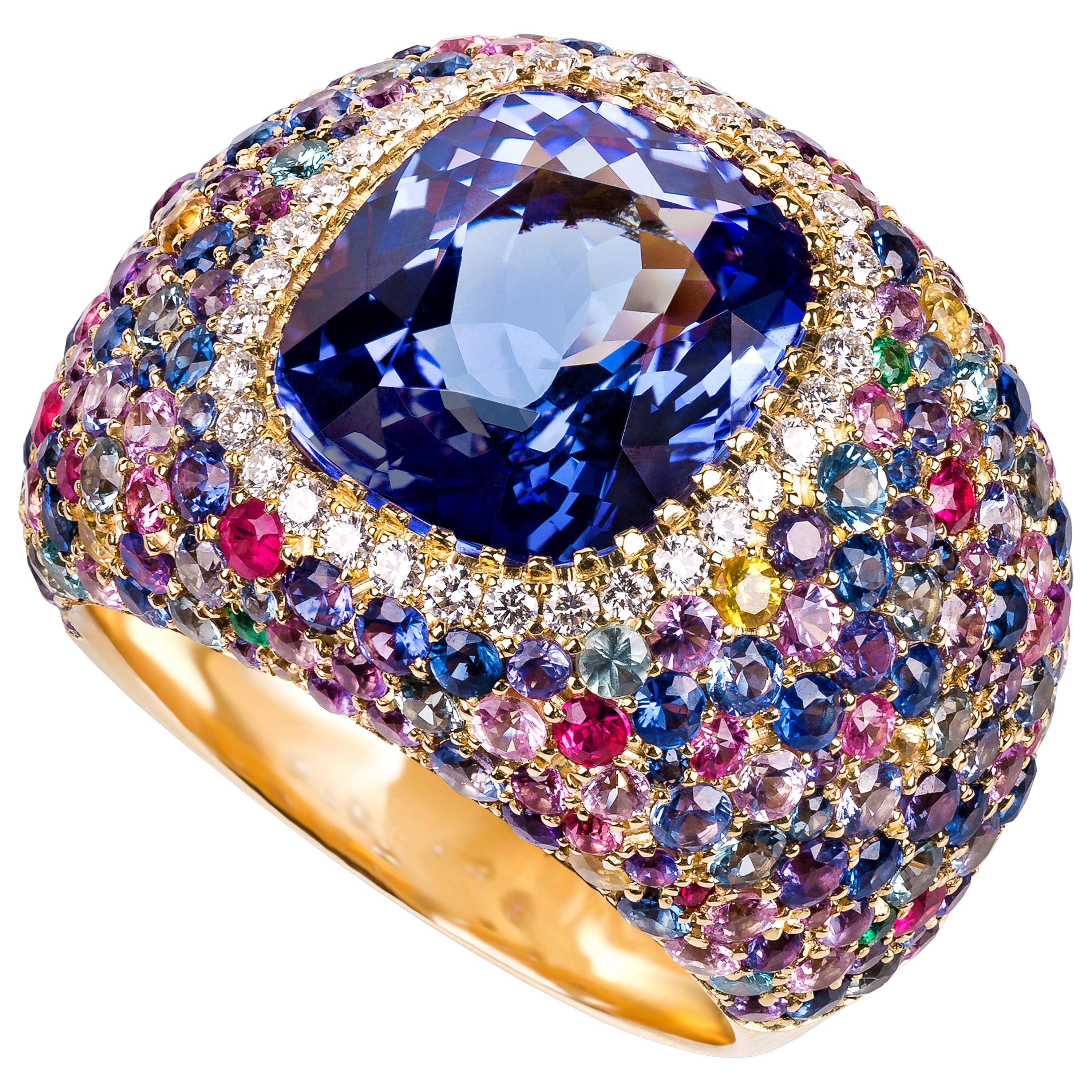 Cushion Tanzanite Yellow Gold Ring with Diamonds, Emeralds, Rubis and Sapphires