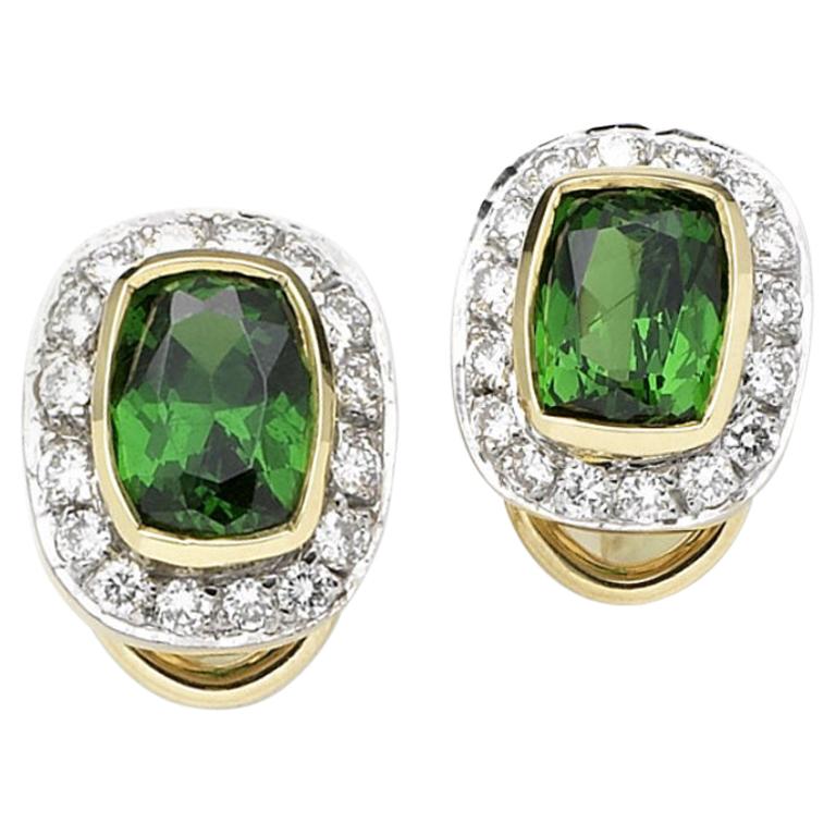 Cushion Tsavorite and Diamond Stud Earrings, Gold, Ben Dannie For Sale