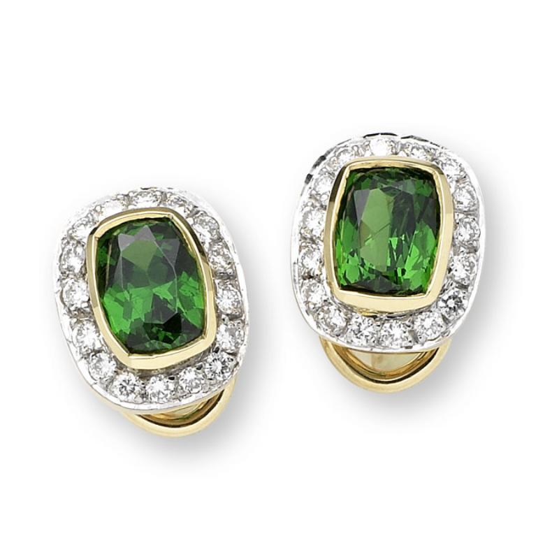 Modern Cushion Tsavorite and Diamond Stud Earrings, Gold, Ben Dannie For Sale