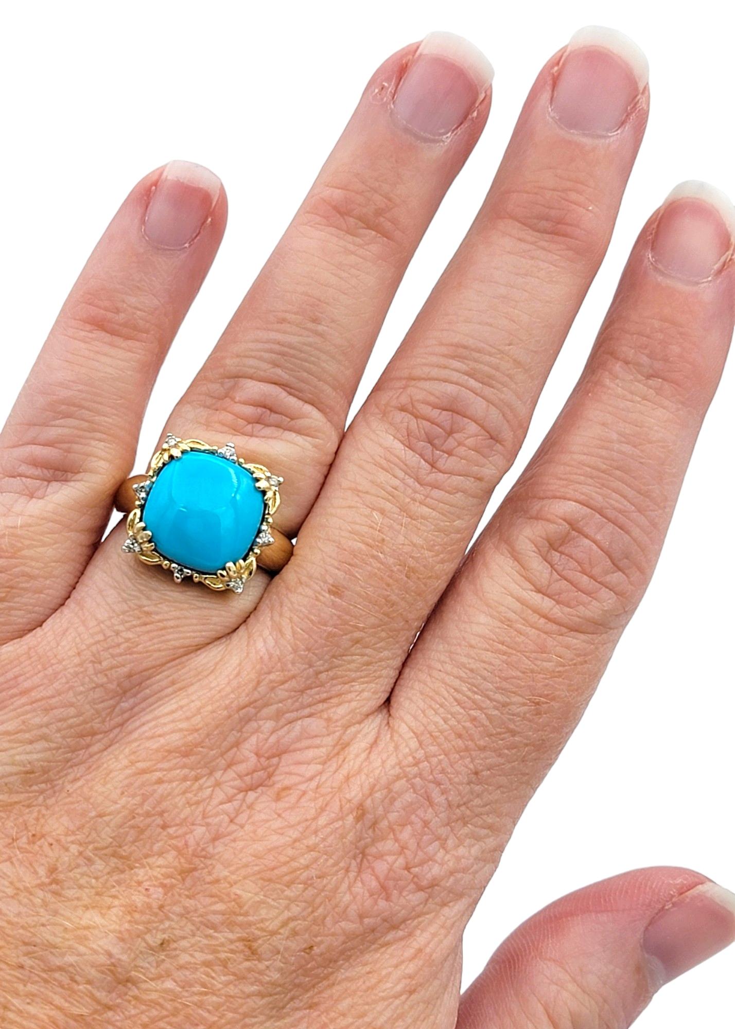 Cushion Turquoise and Diamond Flower Motif Cocktail Ring in 14 Karat Yellow Gold For Sale 4
