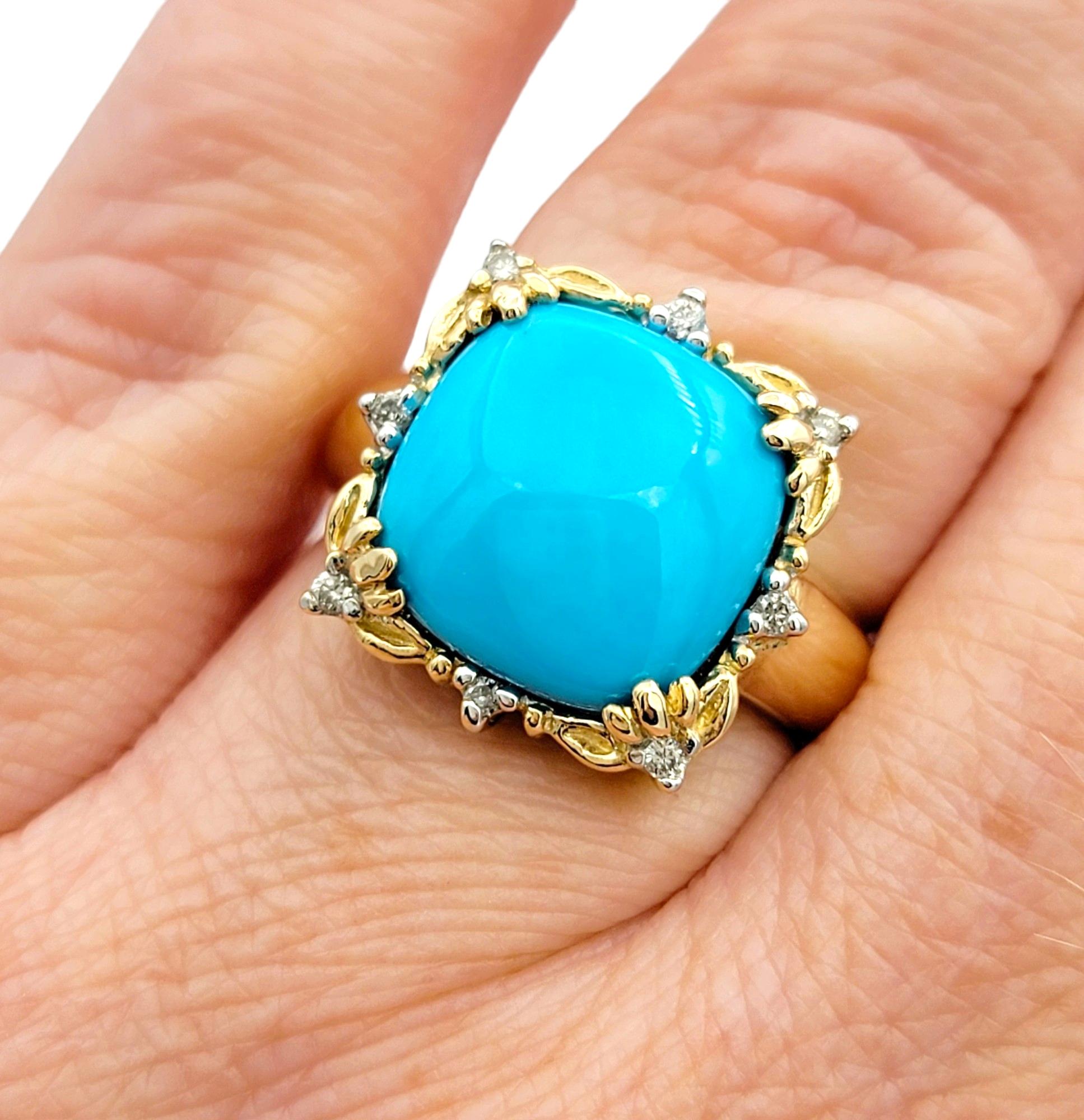 Cushion Turquoise and Diamond Flower Motif Cocktail Ring in 14 Karat Yellow Gold For Sale 5