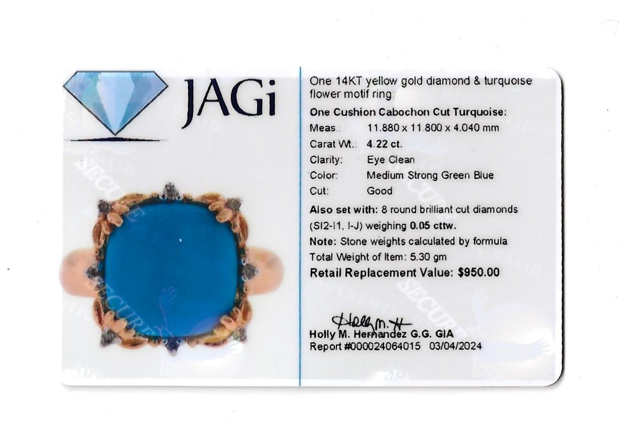 Cushion Turquoise and Diamond Flower Motif Cocktail Ring in 14 Karat Yellow Gold For Sale 6