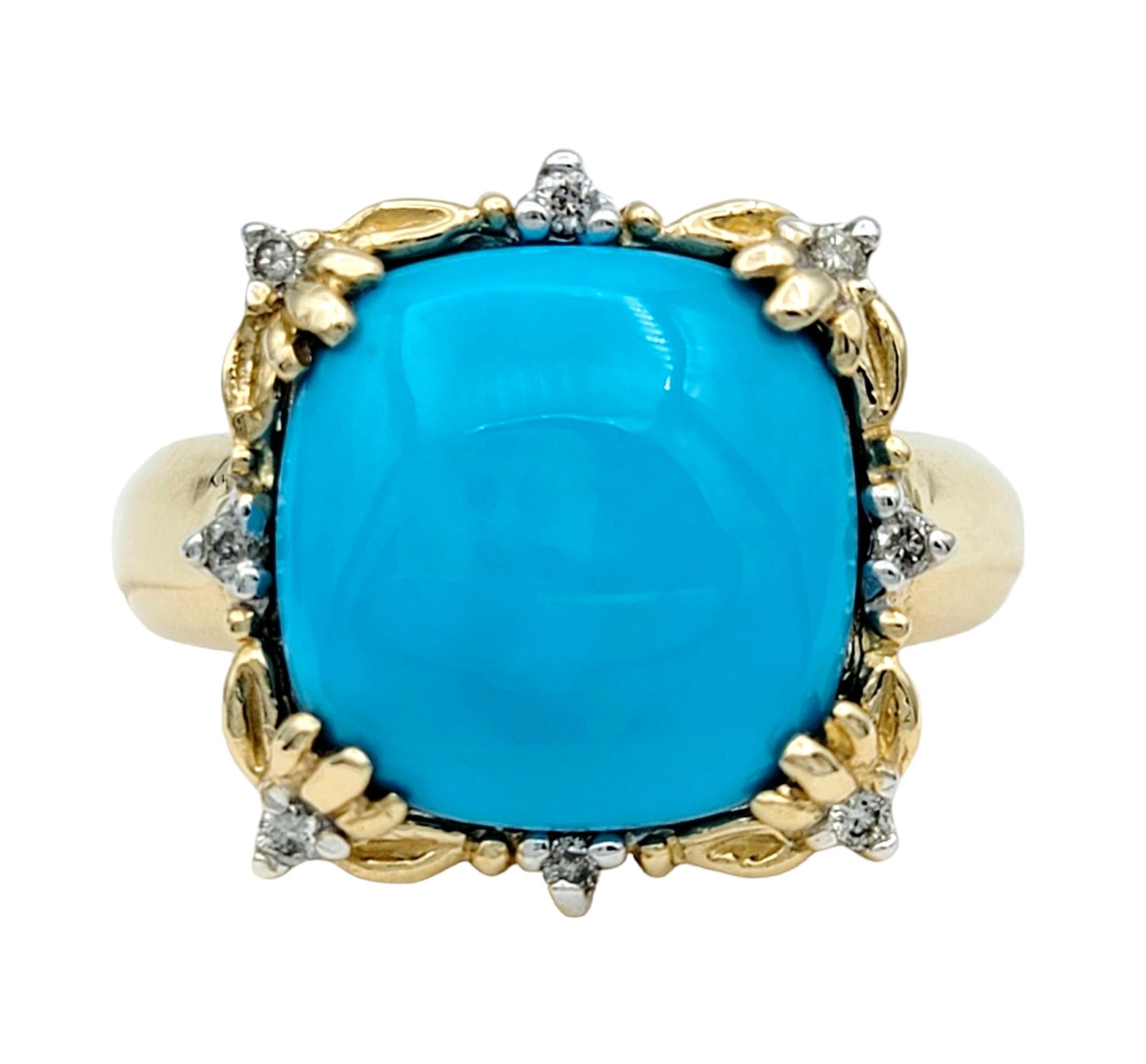Ring Size: 7

This beautiful cushion cut turquoise stone ring with a framed design and small diamond accents is a stunning piece that beautifully blends elegance with a touch of bohemian charm. At the heart of the ring is a captivating cushion-cut