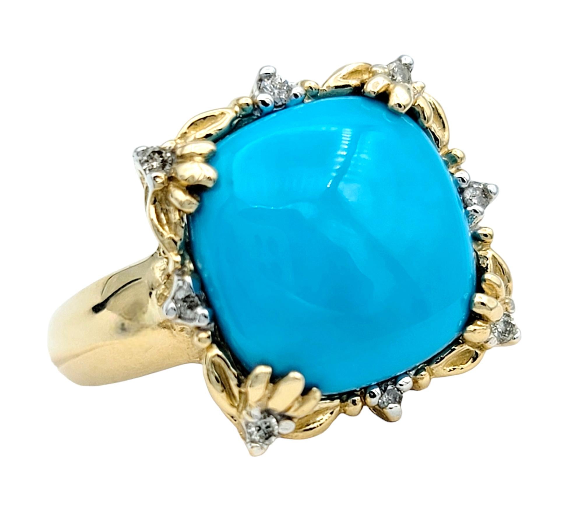 Contemporary Cushion Turquoise and Diamond Flower Motif Cocktail Ring in 14 Karat Yellow Gold For Sale