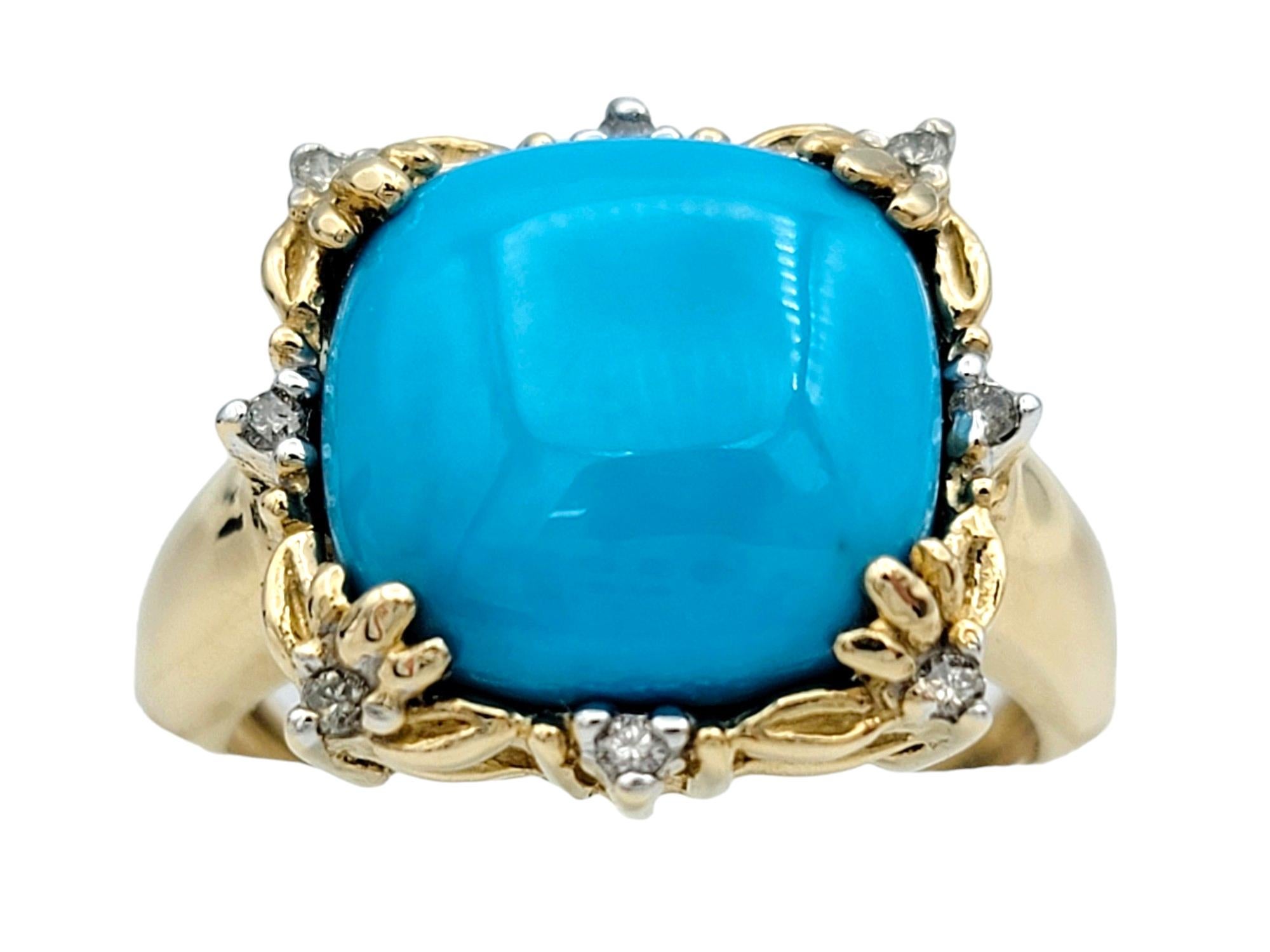Cushion Turquoise and Diamond Flower Motif Cocktail Ring in 14 Karat Yellow Gold In Good Condition For Sale In Scottsdale, AZ
