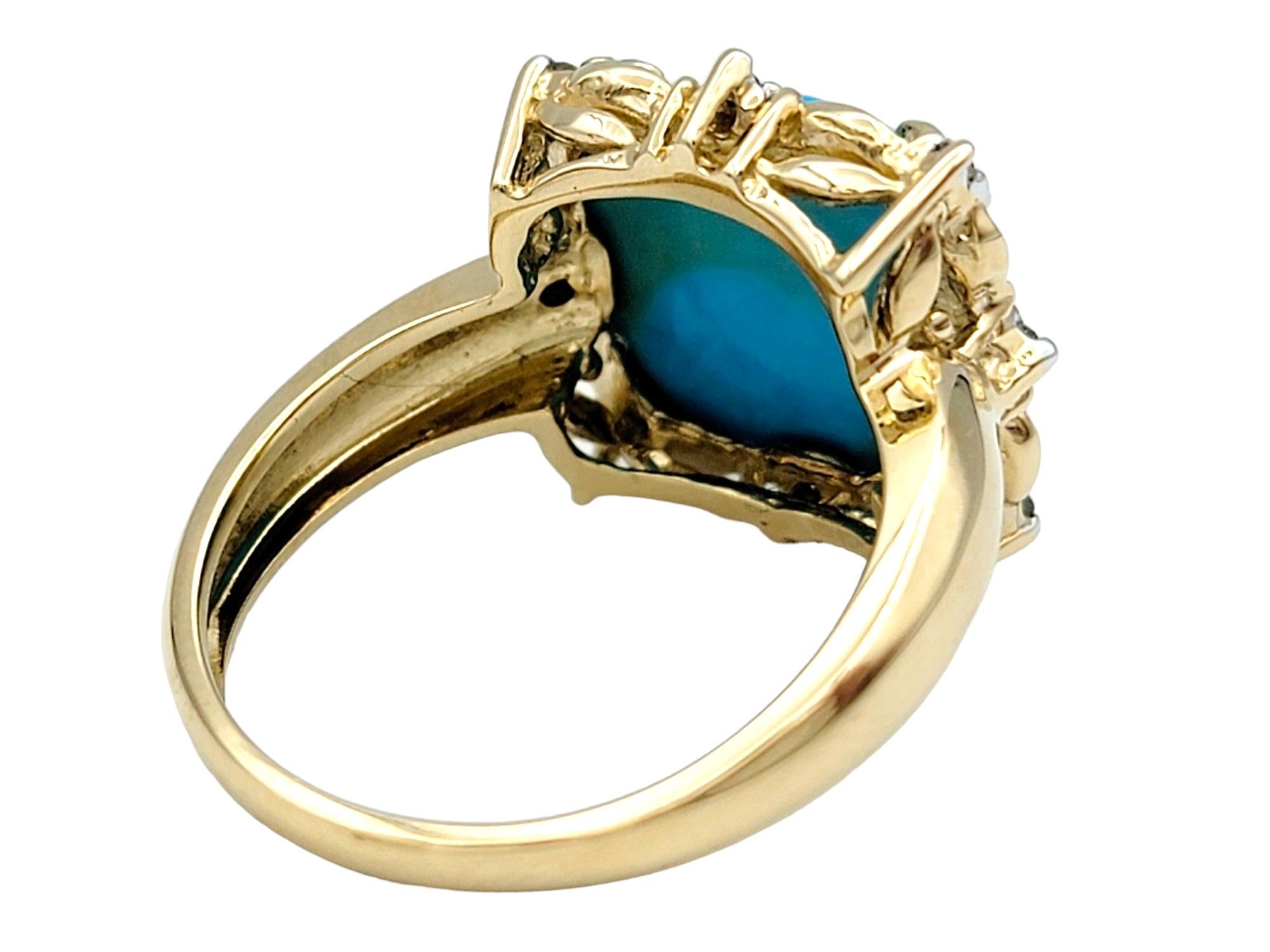 Women's Cushion Turquoise and Diamond Flower Motif Cocktail Ring in 14 Karat Yellow Gold For Sale