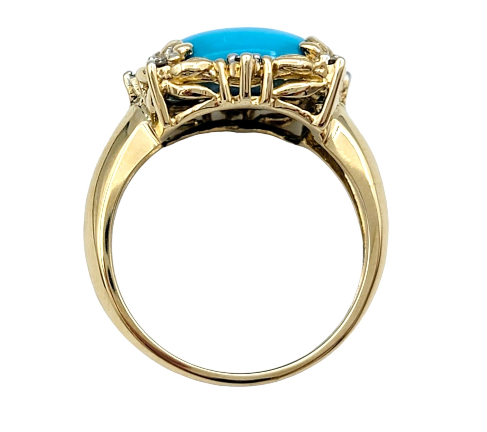 Cushion Turquoise and Diamond Flower Motif Cocktail Ring in 14 Karat Yellow Gold For Sale 1