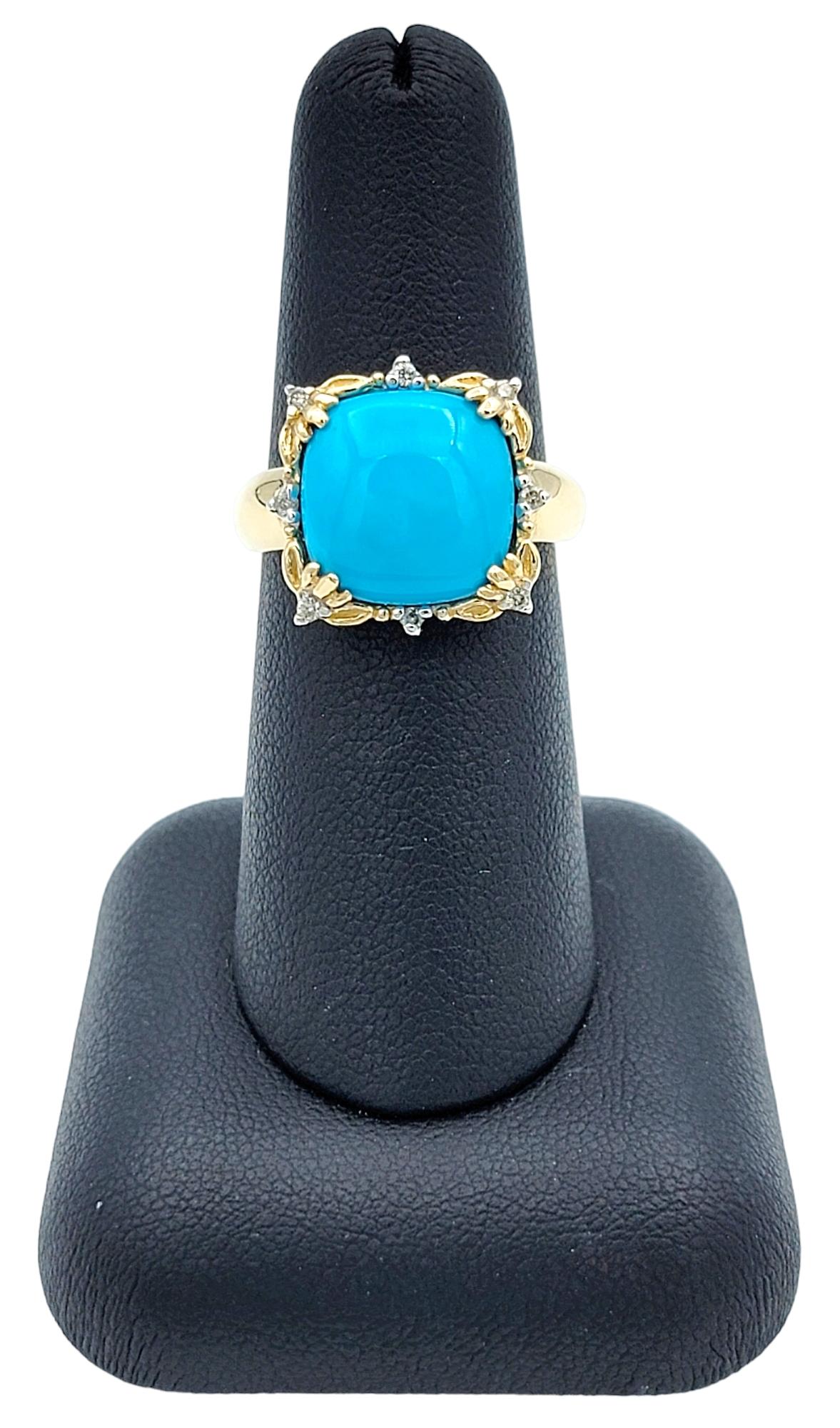 Cushion Turquoise and Diamond Flower Motif Cocktail Ring in 14 Karat Yellow Gold For Sale 2