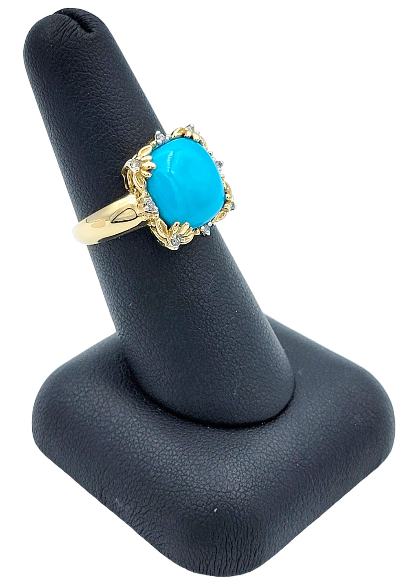 Cushion Turquoise and Diamond Flower Motif Cocktail Ring in 14 Karat Yellow Gold For Sale 3