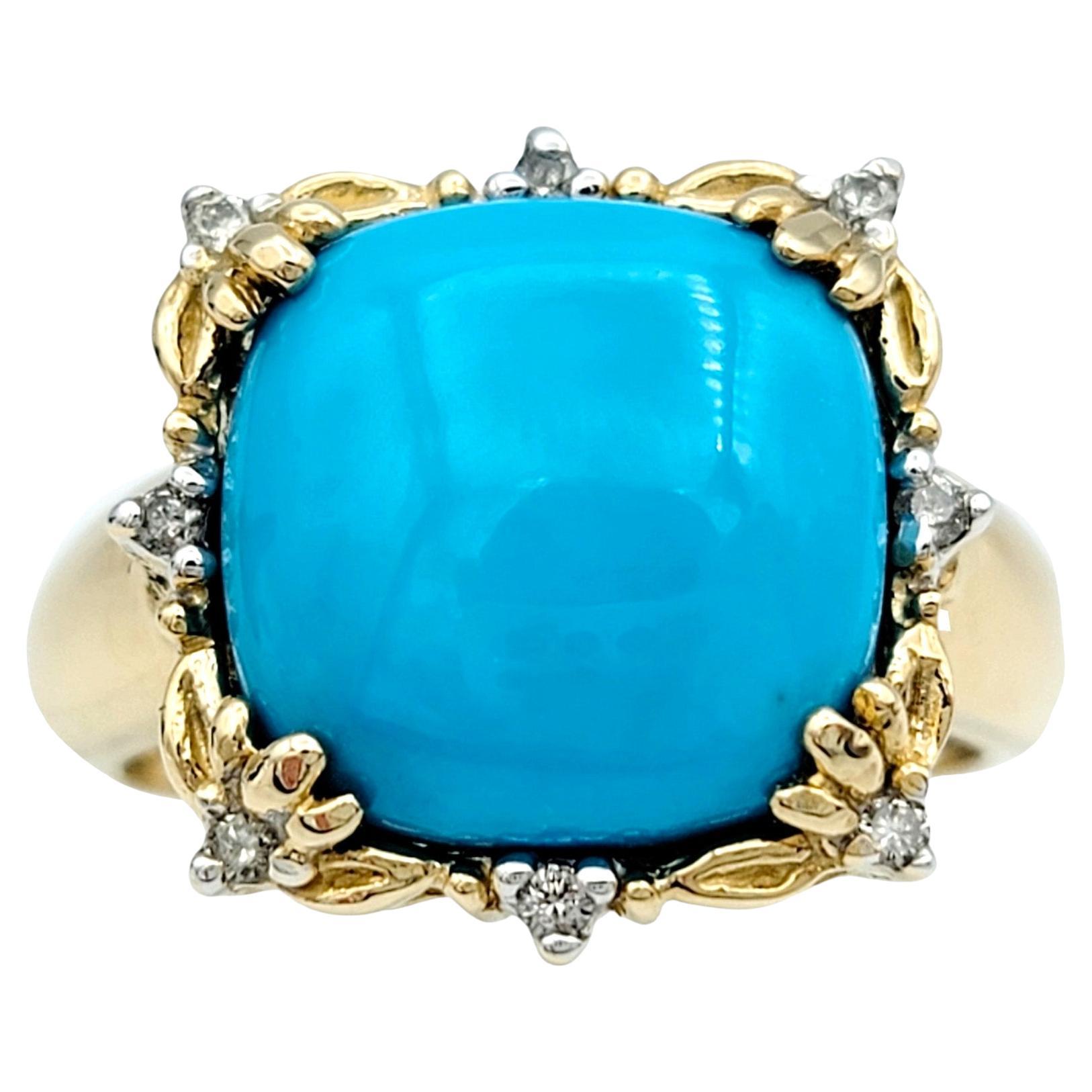 Cushion Turquoise and Diamond Flower Motif Cocktail Ring in 14 Karat Yellow Gold For Sale