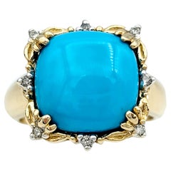 Cushion Turquoise and Diamond Flower Motif Cocktail Ring in 14 Karat Yellow Gold