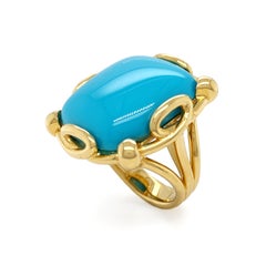 Anillo de oro amarillo de 18 quilates con turquesa de la Bella Durmiente en forma de cojín