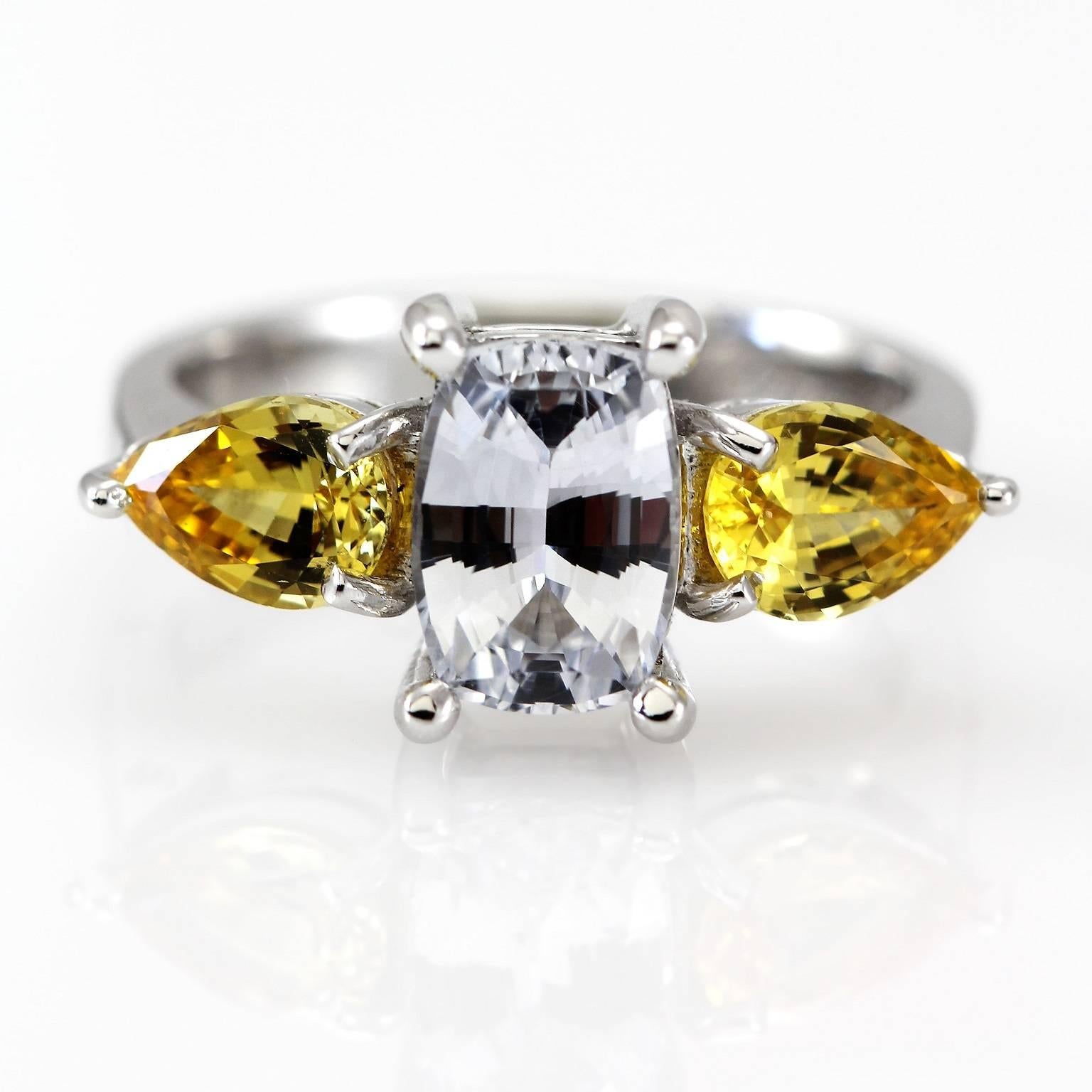 Art Deco Cushion White and Pear Shape Yellow Sapphires Engagement Ring 18 Carat Gold