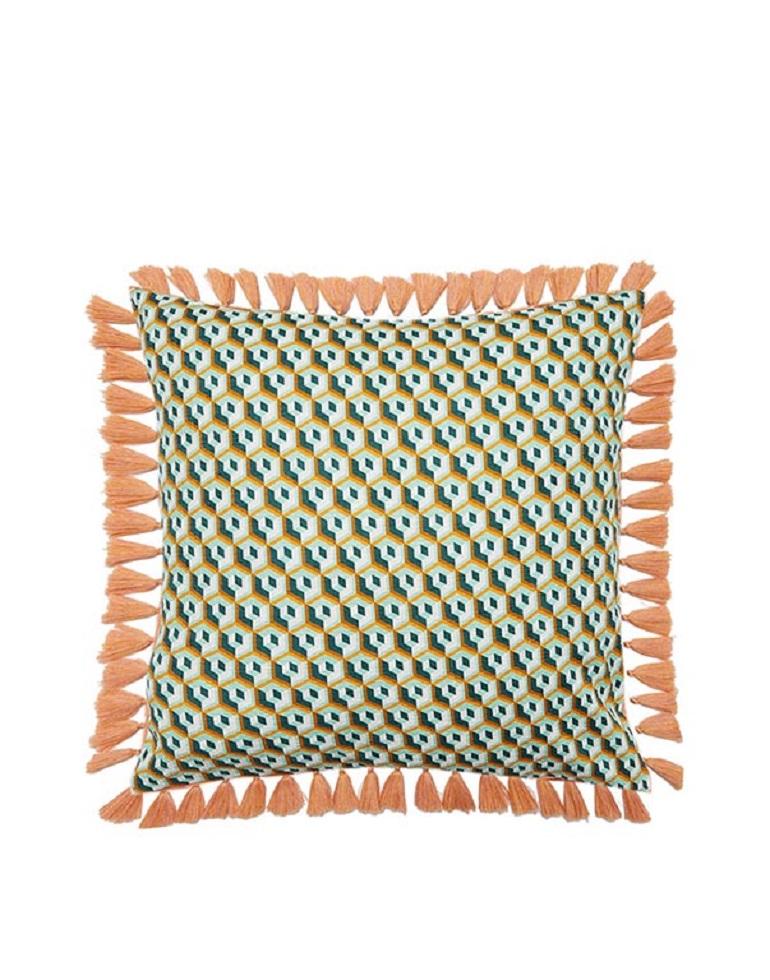 Italian Cushion with Fringes Cubi Verde Print, in Cotton by La DoubleJ, Italy