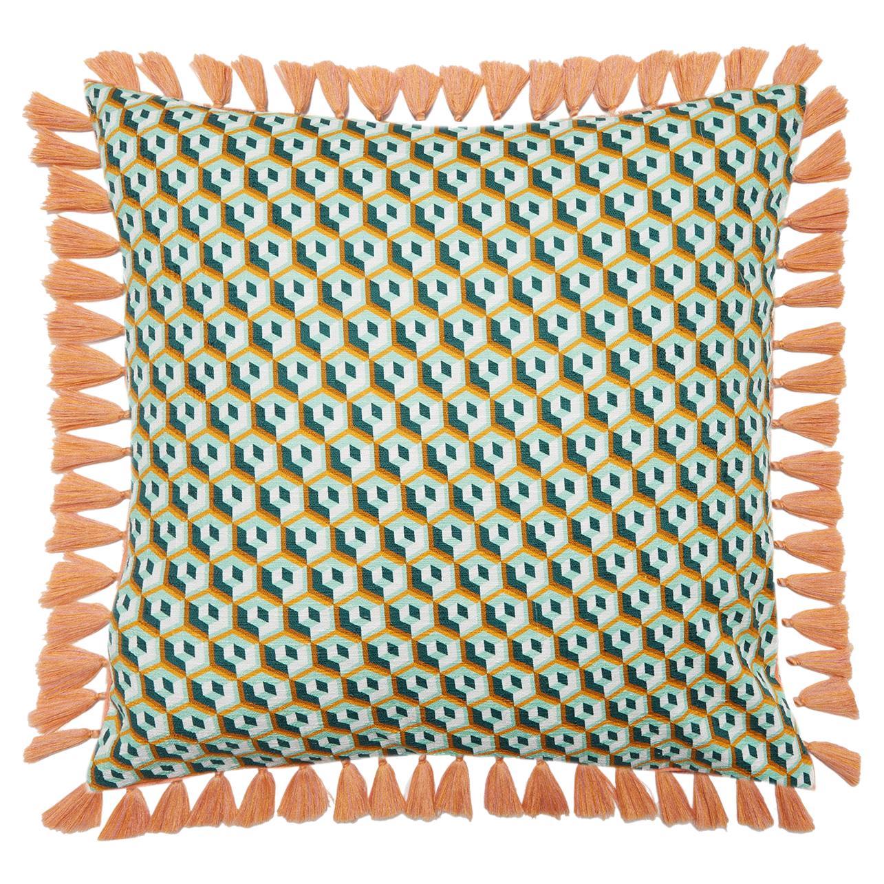 Cushion with Fringes Cubi Verde Print, in Cotton by La DoubleJ, Italy